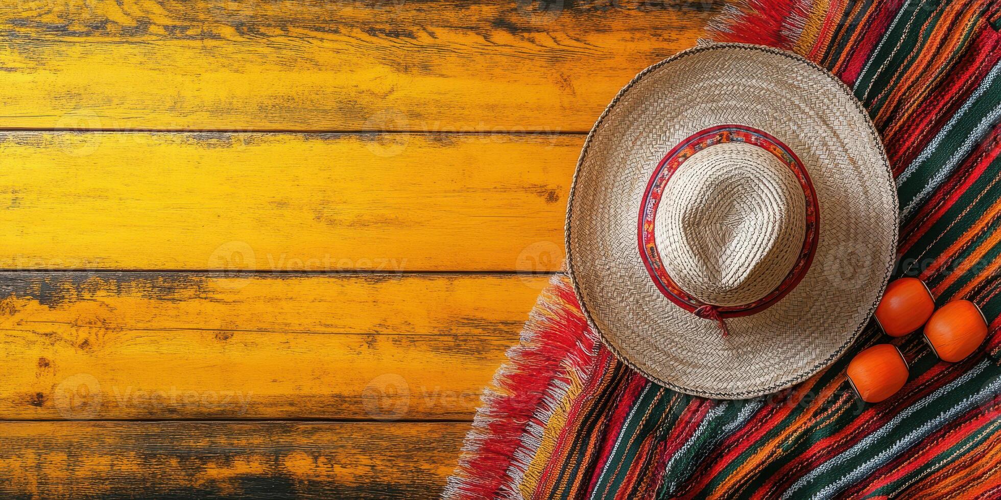 Colorful sombrero and oranges on a vibrant striped blanket atop a yellow wooden surface photo