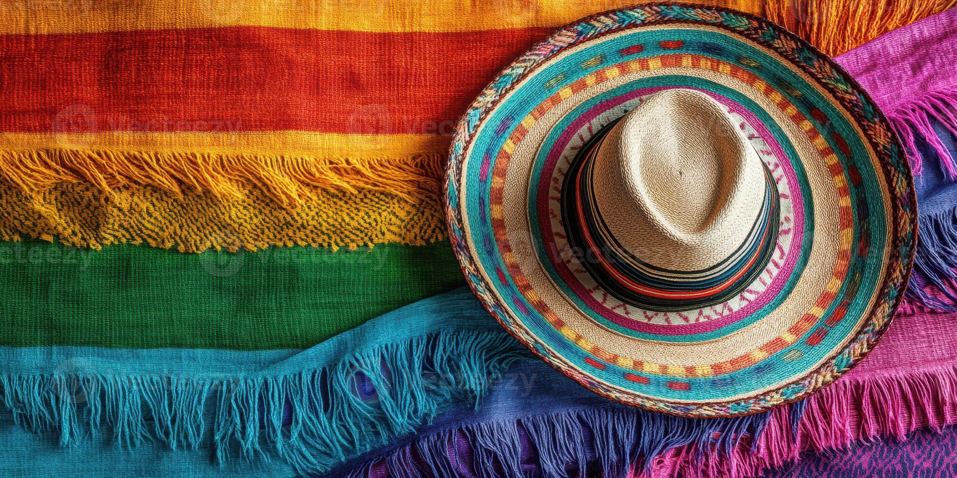 Colorful sombrero resting on vibrant woven textile showcasing traditional Mexican craftsmanship and culture photo
