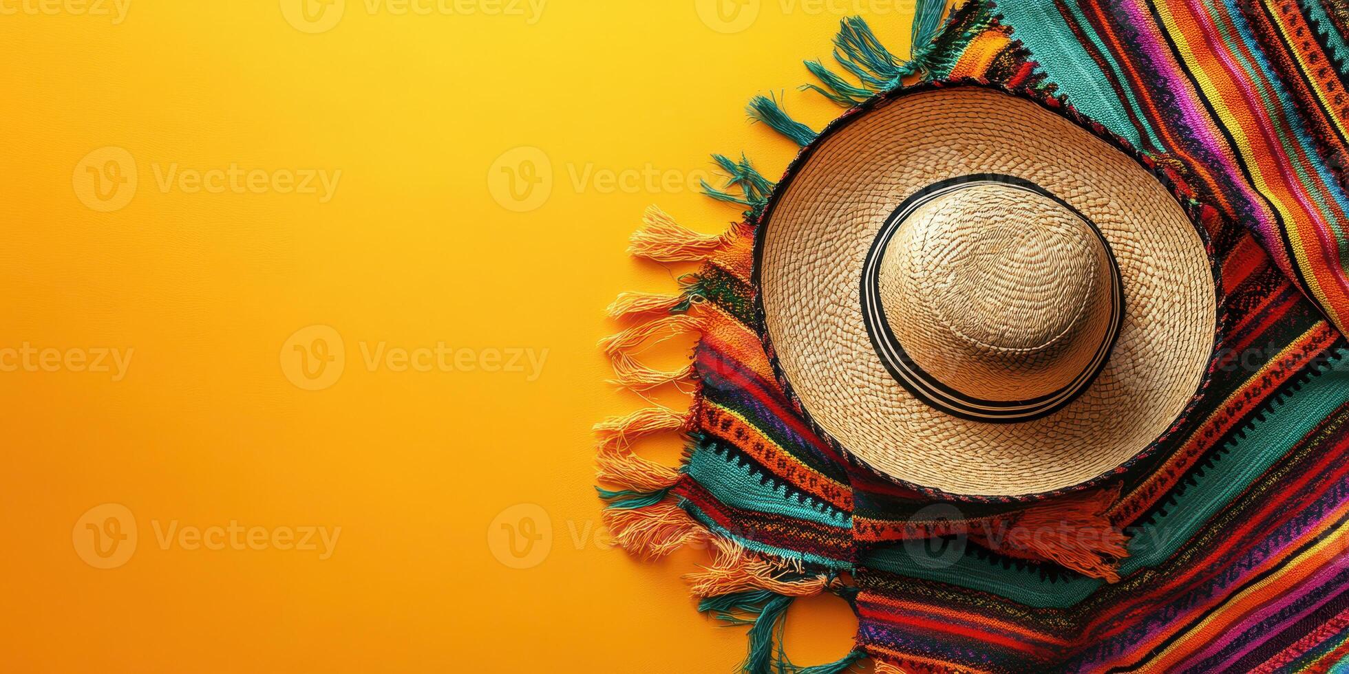 Colorful sombrero and woven blanket on vibrant yellow background create a lively cultural atmosphere for celebrations and gatherings photo