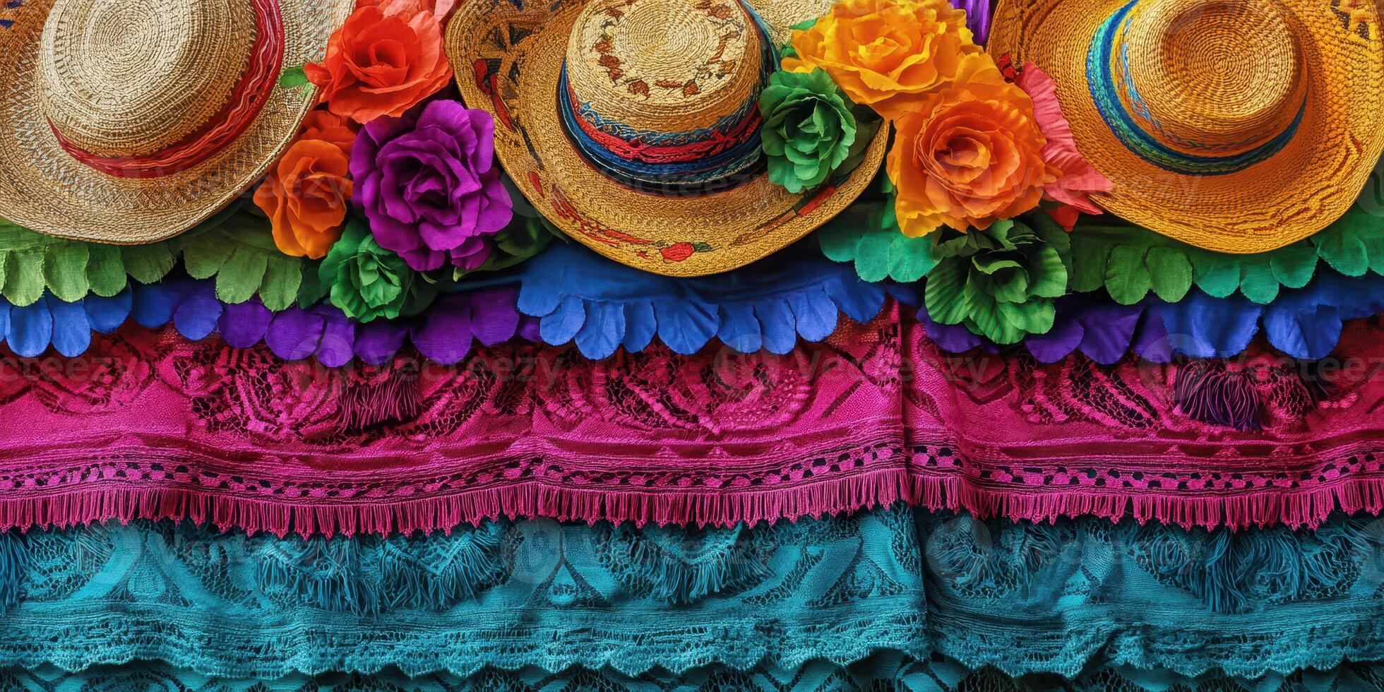 Colorful sombreros and vibrant decorations showcase a festive atmosphere at a cultural celebration in a lively market setting photo