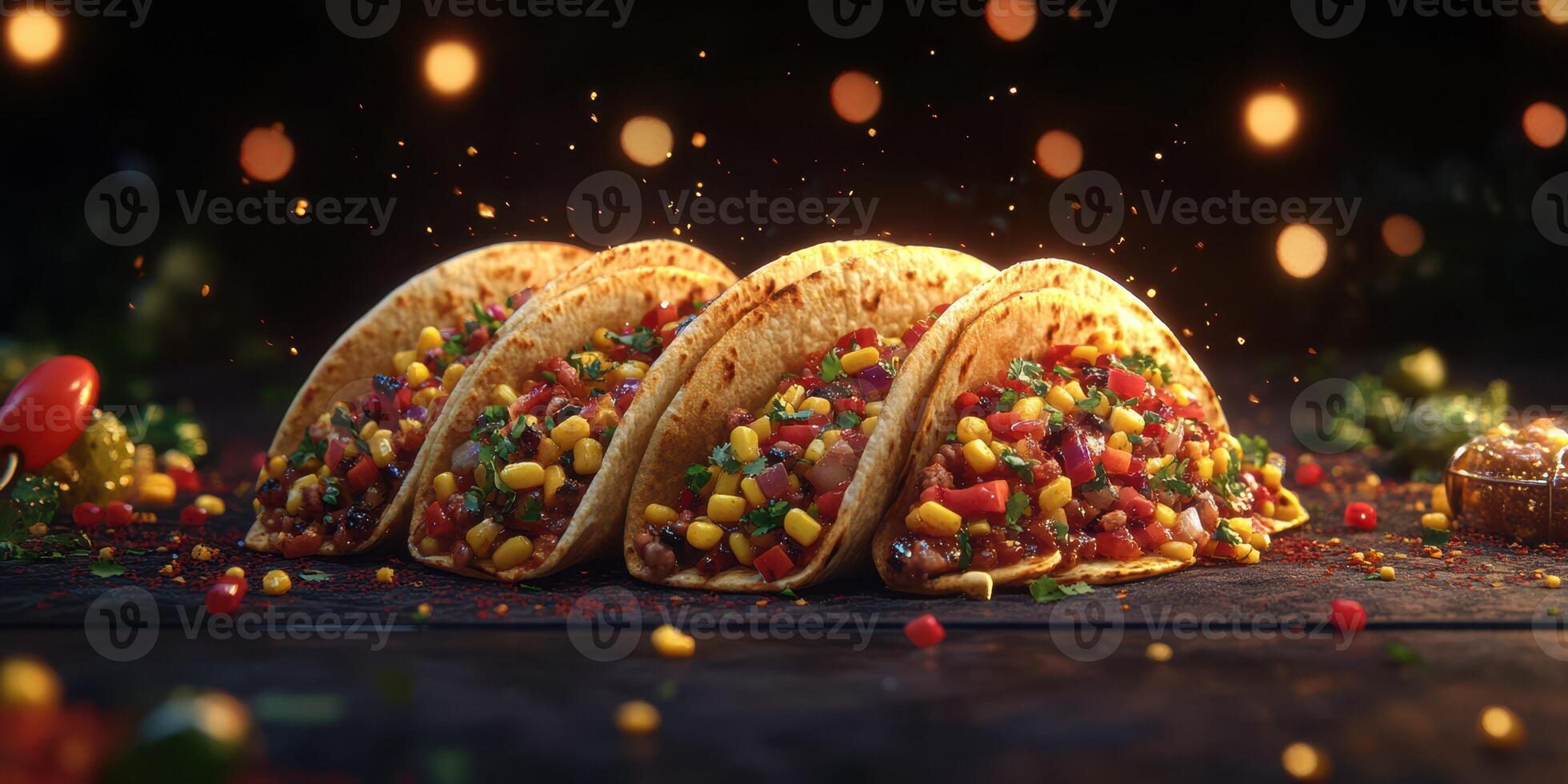 Colorful taco platter with vibrant toppings against a dark backdrop during a festive gathering photo