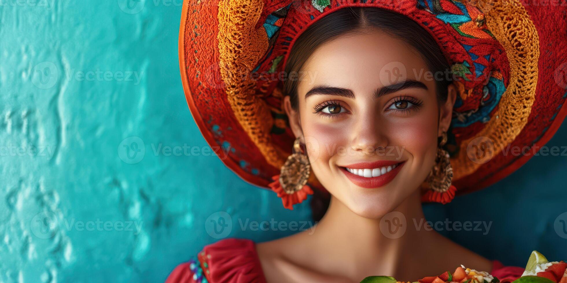 Woman in traditional dress with colorful hat poses against a vibrant blue wall, showcasing cultural heritage and joy photo