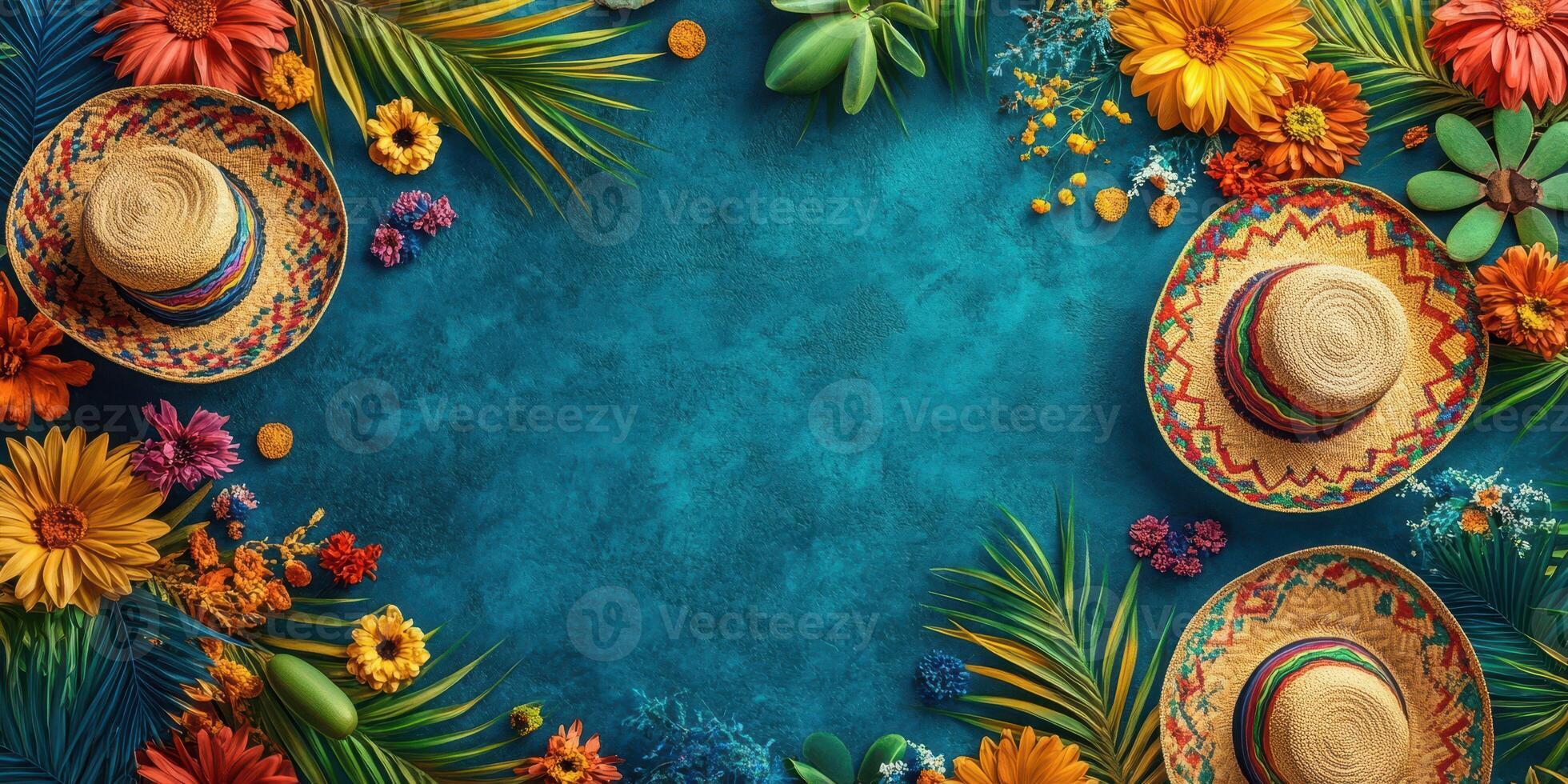 Colorful festive arrangement with sombreros and flowers on vibrant blue background photo