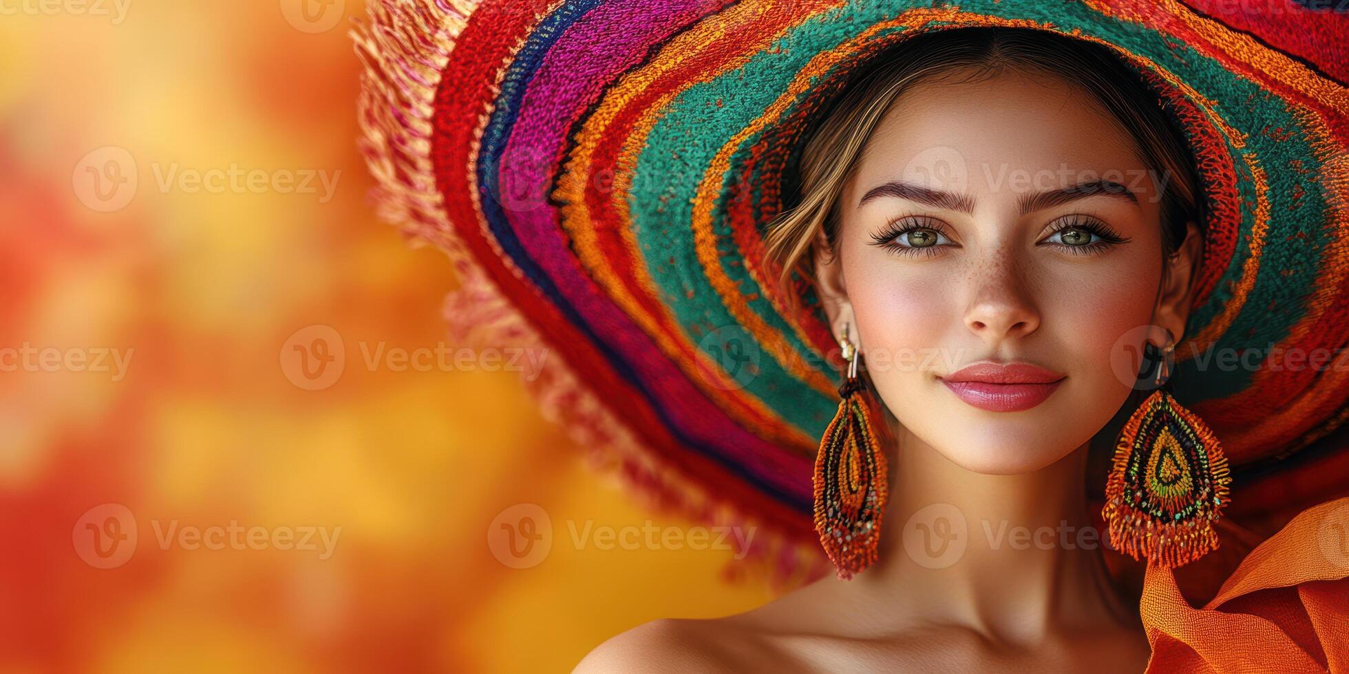 Colorful celebration of culture with a young woman wearing a vibrant sombrero and bold earrings in a sunny outdoor setting photo