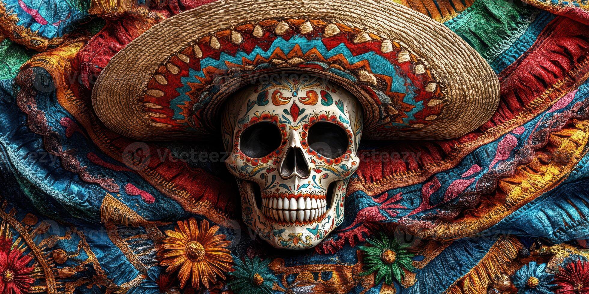 Colorfully decorated skull with sombrero displayed against vibrant textile background photo