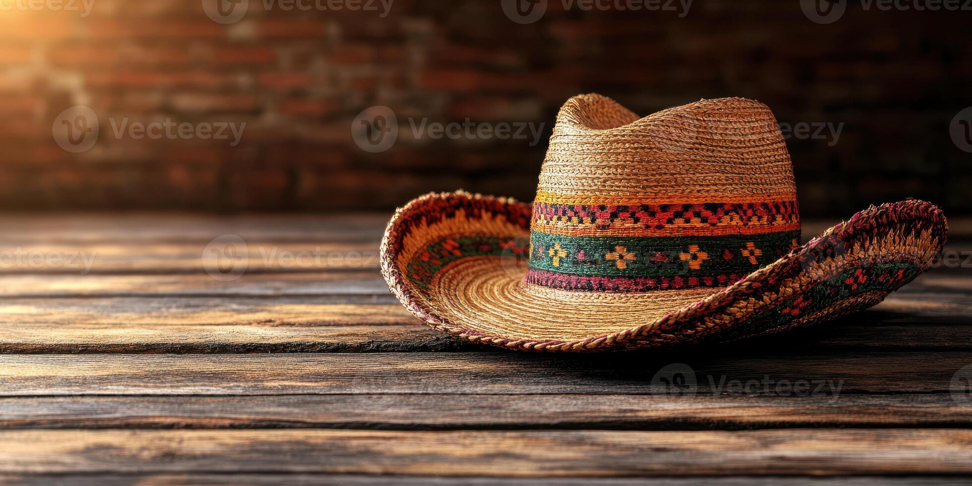 Traditional straw cowboy hat resting on a wooden table illuminated by warm sunlight in a rustic setting photo