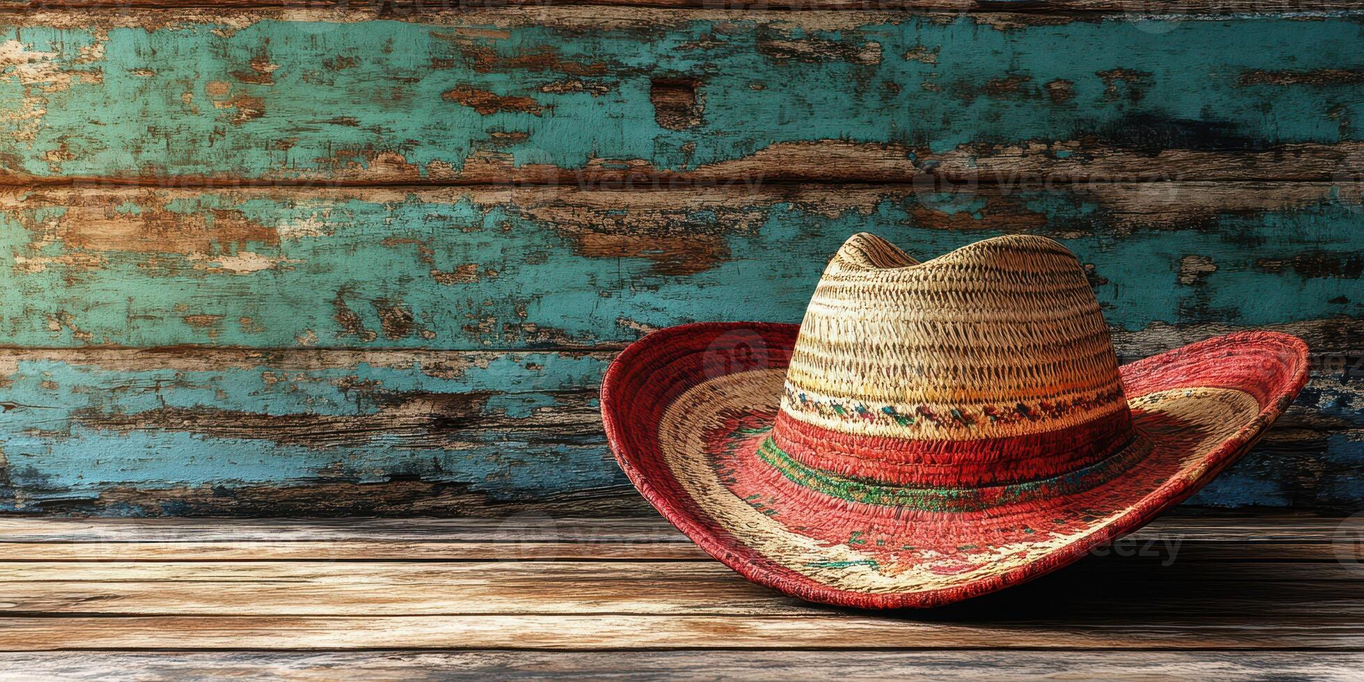 Traditional straw hat rests on rustic wooden surface with a vintage blue background in a natural light setting photo