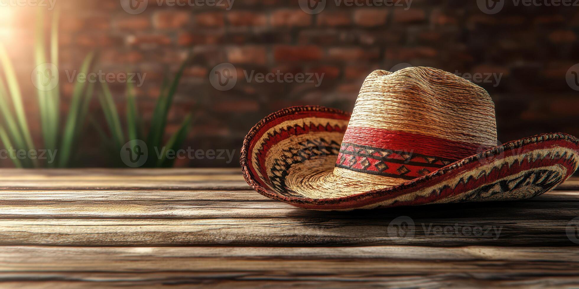 Traditional sombrero placed on a rustic wooden table with warm lighting in a cozy setting photo