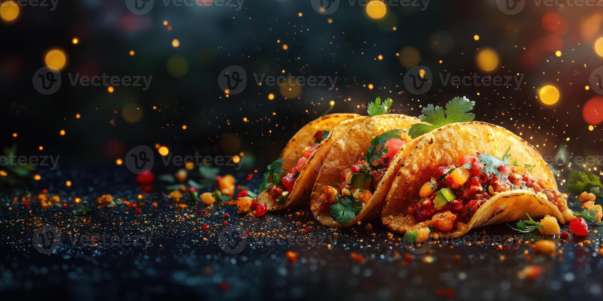 Tasty tacos filled with fresh ingredients and vibrant spices served on a decorative background photo