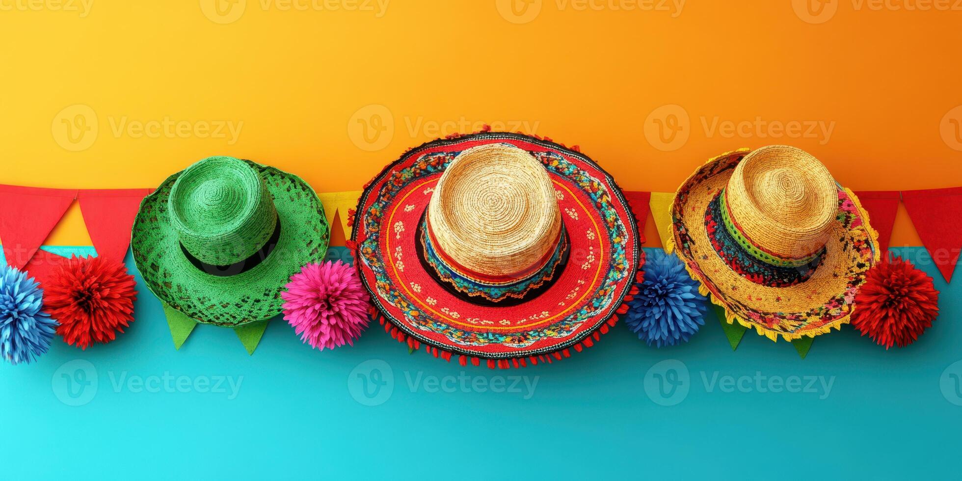 Colorful sombreros and festive decorations create vibrant atmosphere for celebration in cultural setting photo