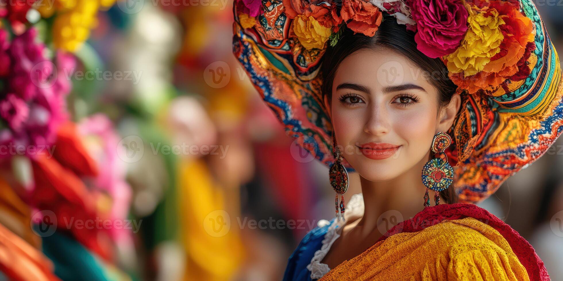 Colorful celebration featuring a woman in traditional attire with vibrant flowers and jewelry at a cultural festival photo