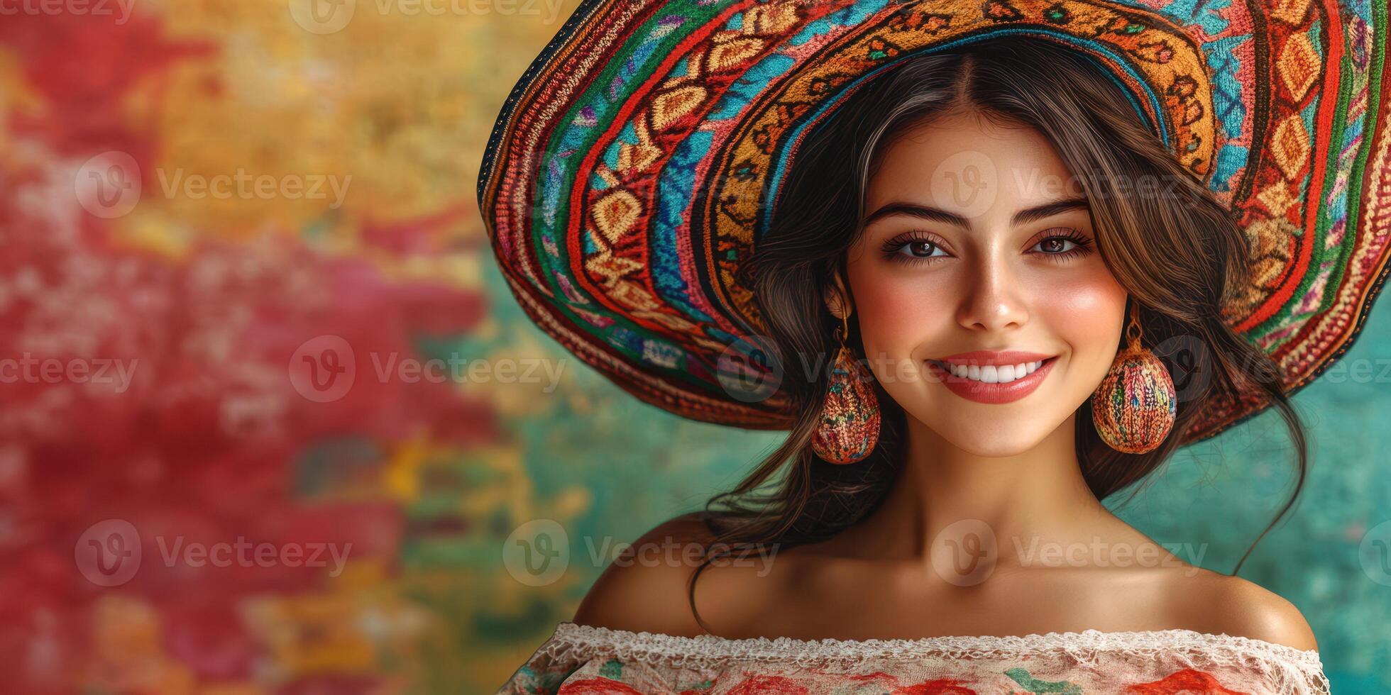 Young woman wearing vibrant sombrero and traditional outfit smiles brightly against a colorful background photo