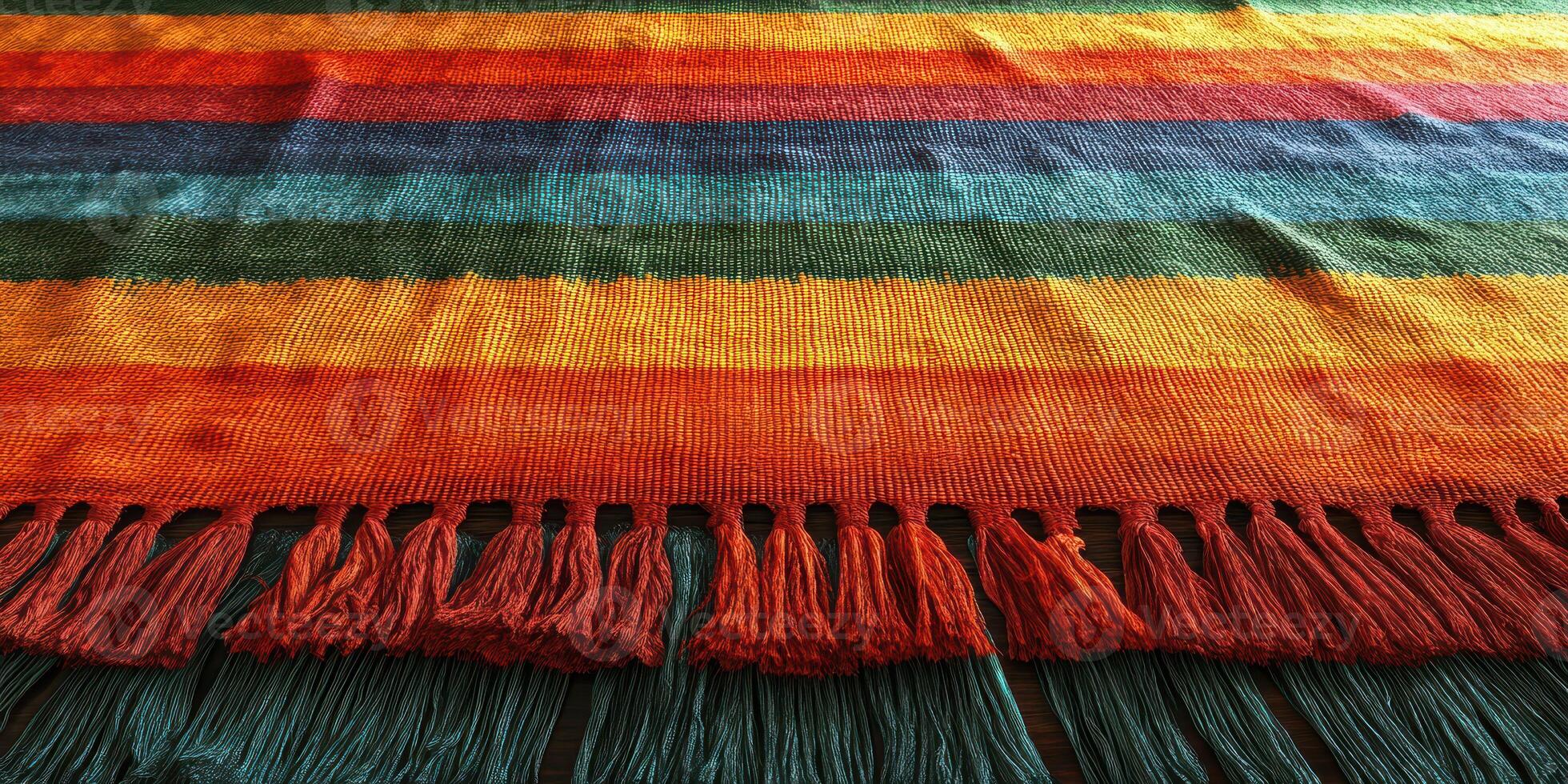 Colorful woven textile with vibrant stripes displayed in a warm setting photo