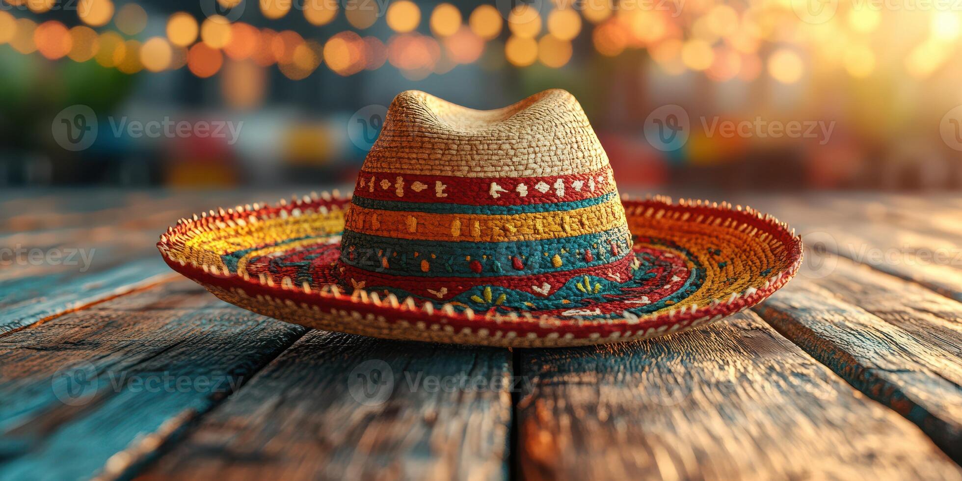 Colorful sombrero resting on wooden table surrounded by festive lights at sunset photo