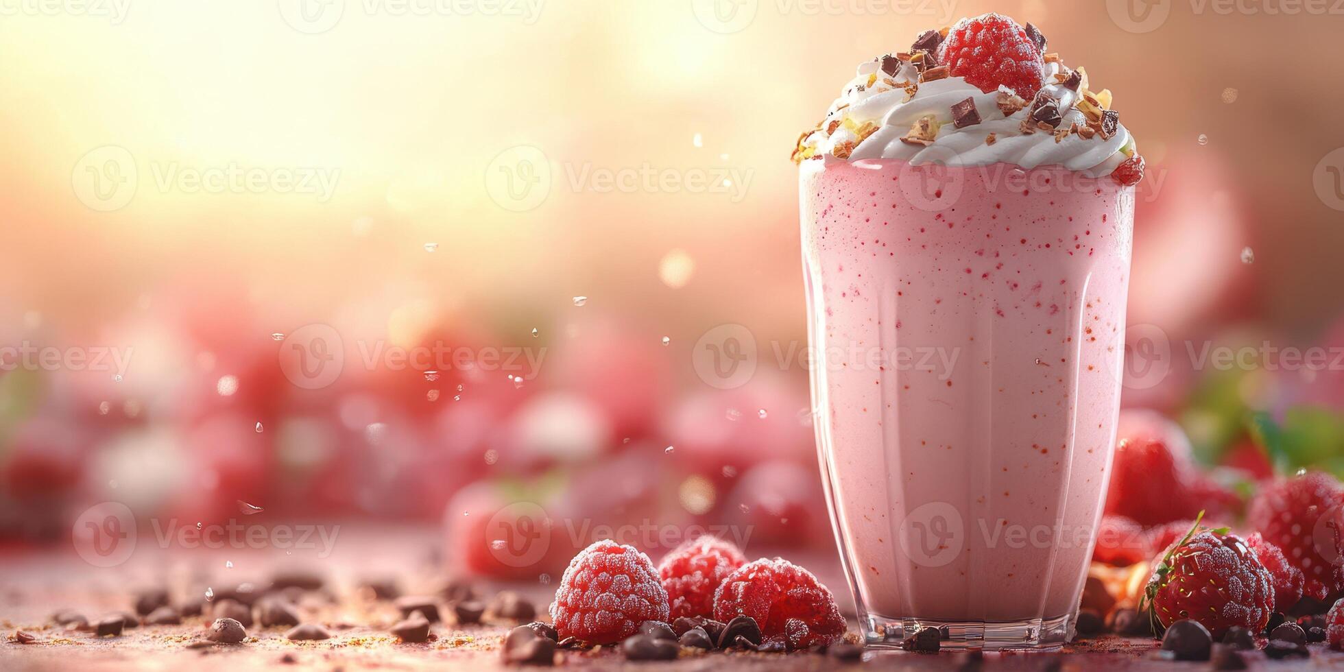 Refreshing raspberry shake garnished with whipped cream and chocolate on a sunny outdoor table photo