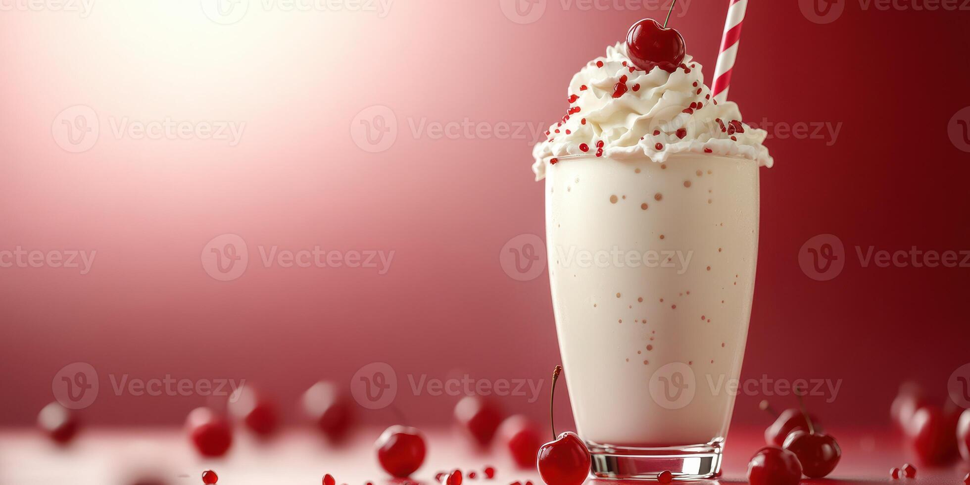 Refreshing dessert beverage topped with whipped cream and cherries on a vibrant background photo