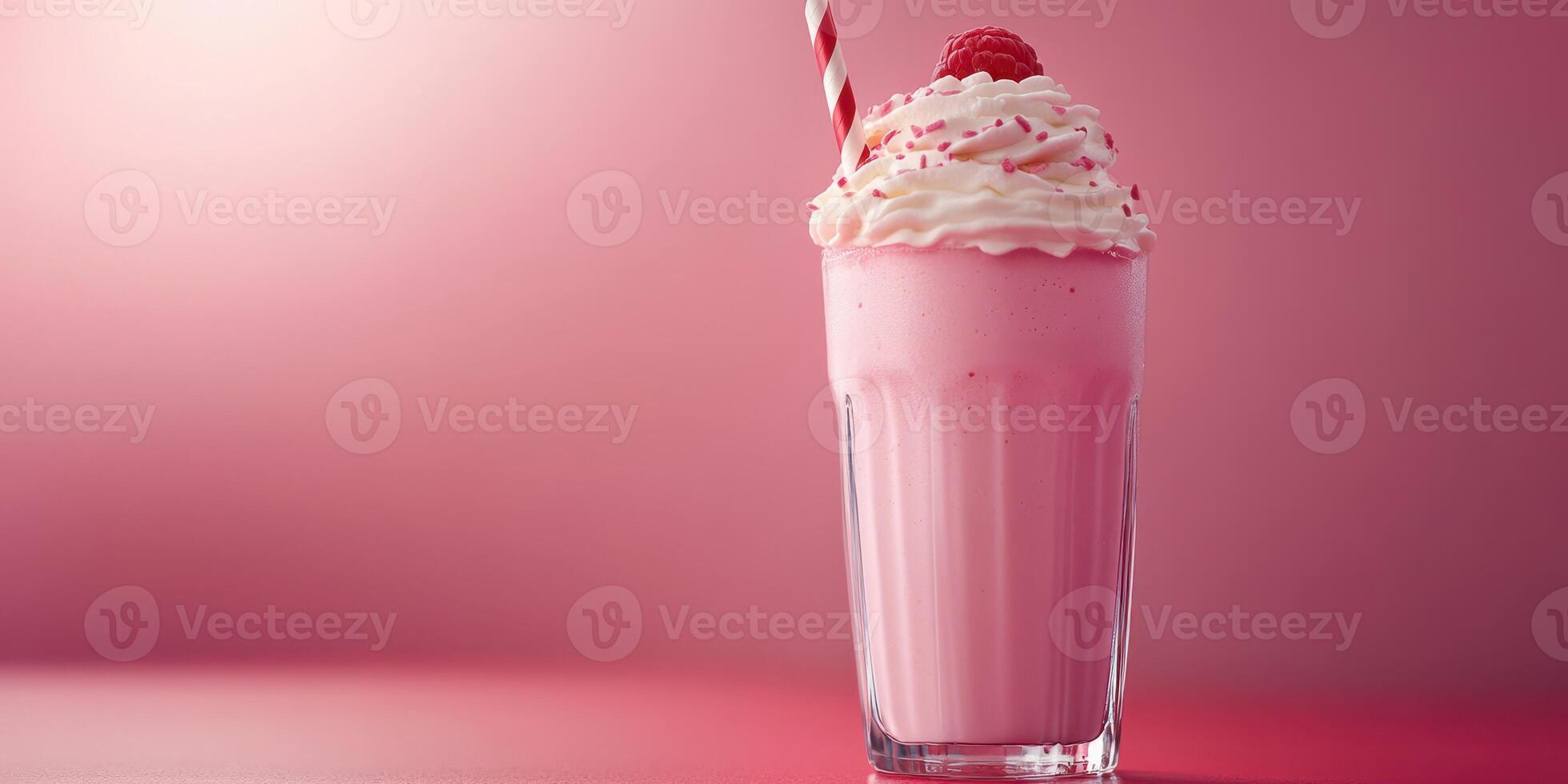 Sweet raspberry milkshake topped with whipped cream and a twisty straw against a pink backdrop photo