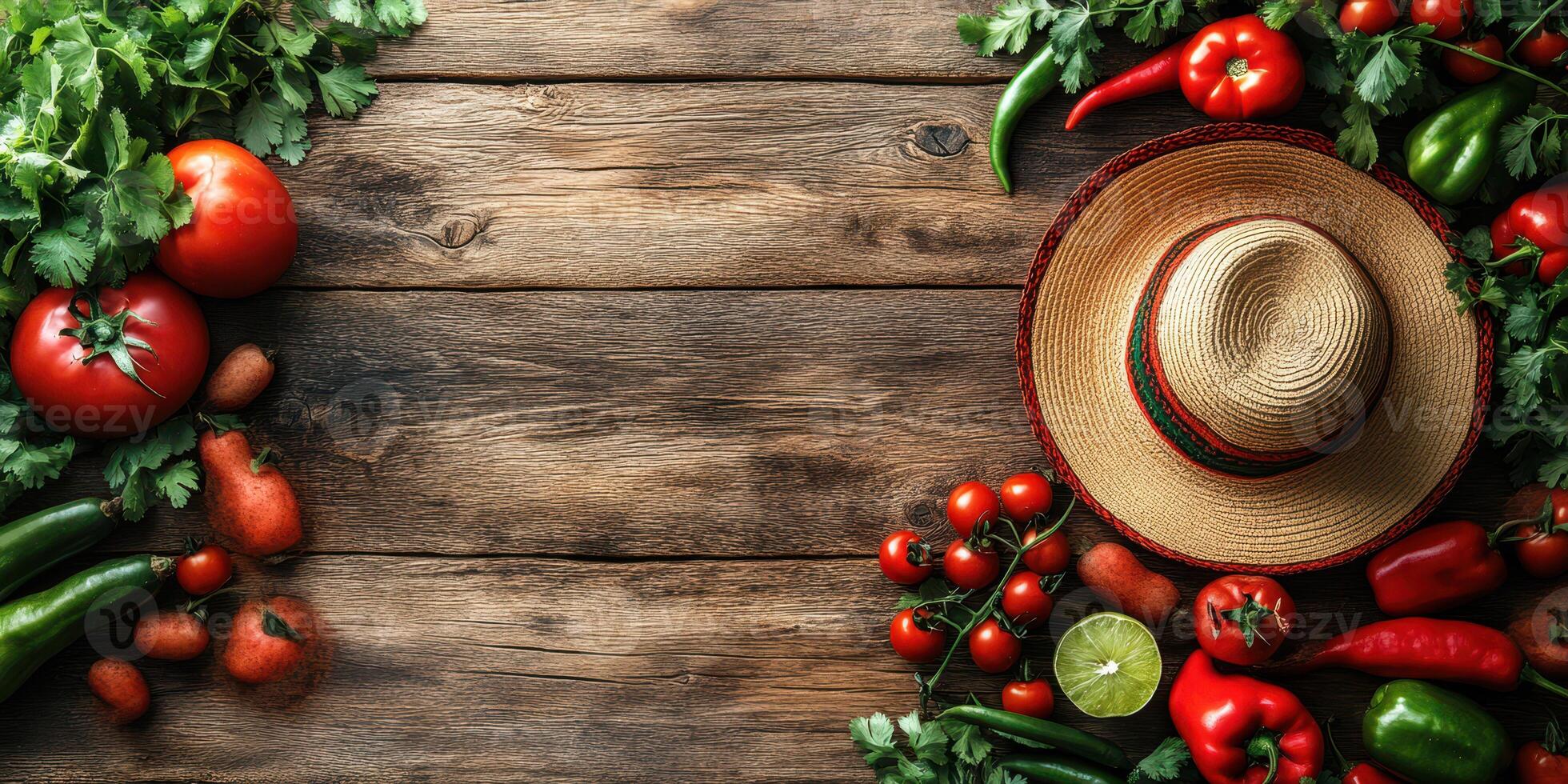 Colorful assortment of fresh vegetables with a sombrero on a rustic wooden table photo