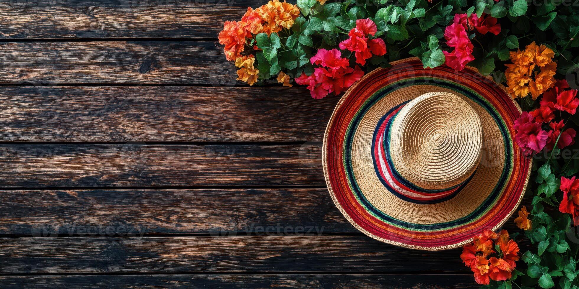 Colorful straw hat surrounded by vibrant flowers on rustic wooden table setting in outdoor environment photo