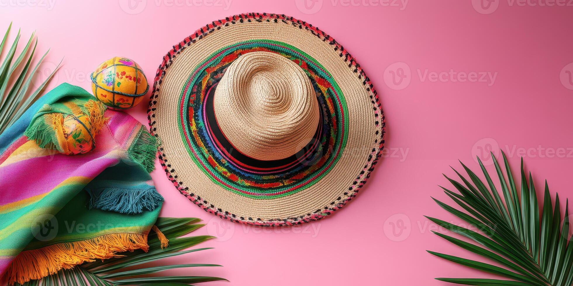 Colorful sombrero and traditional textiles displayed on a bright pink background with leafy accents photo