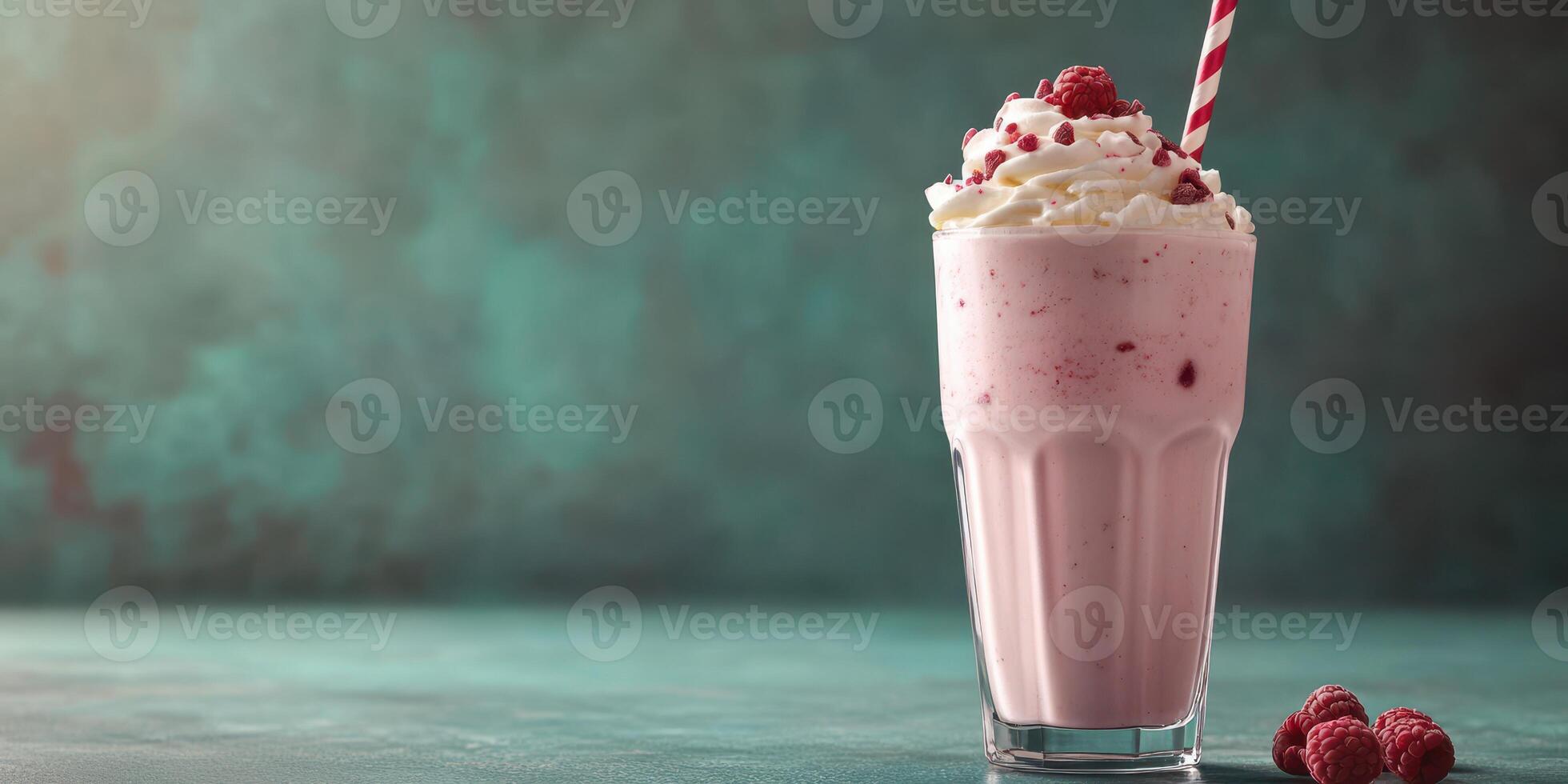 Creamy raspberry shake served in a tall glass with whipped cream and vibrant highlights photo