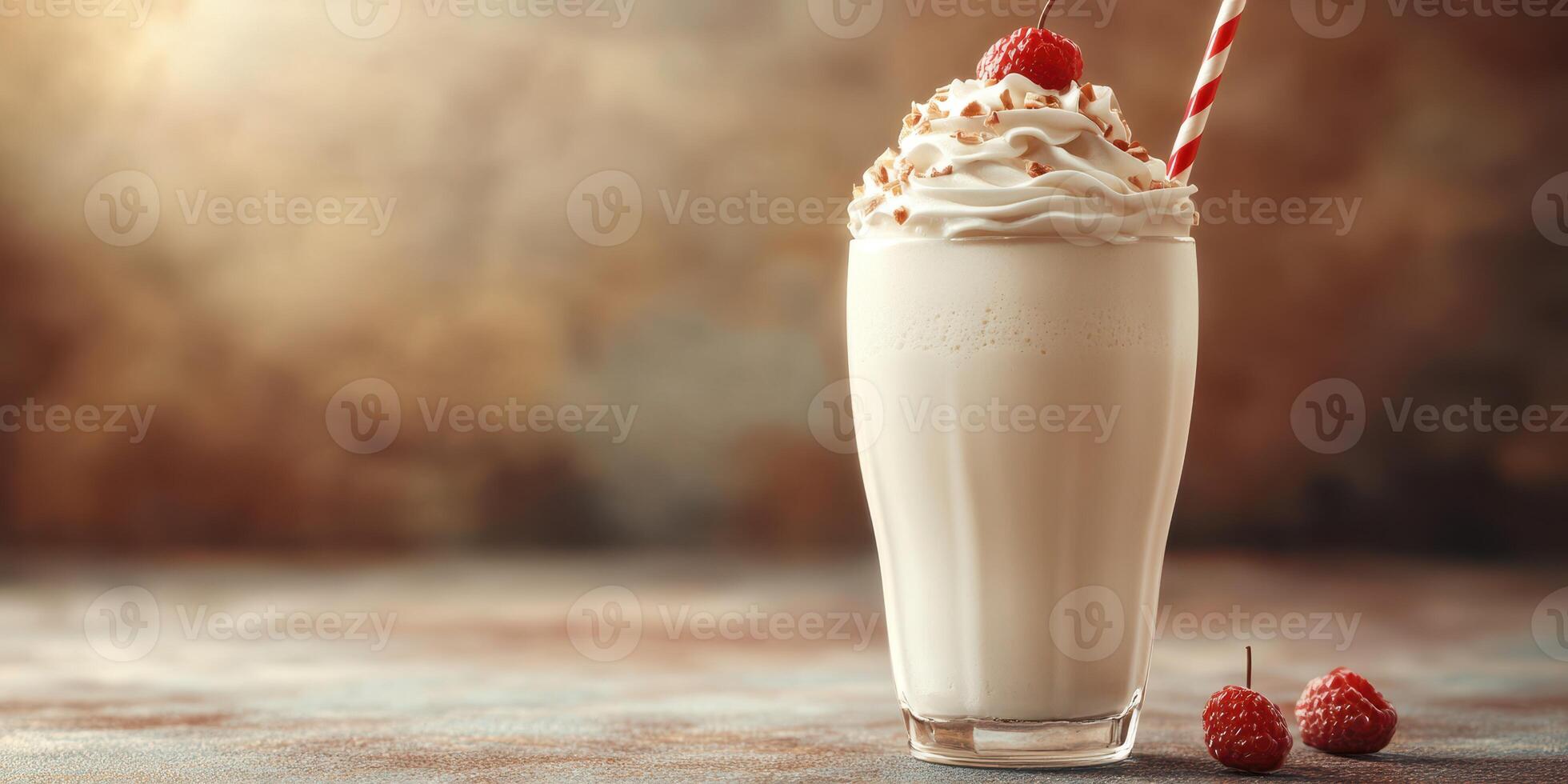 Creamy vanilla milkshake topped with whipped cream, nuts, and raspberries served in a classic glass photo