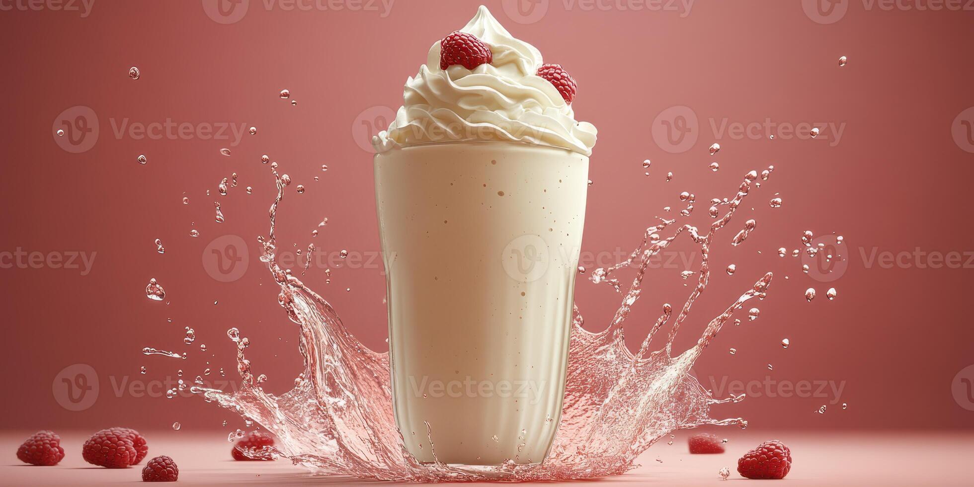 Delicious milkshake overflowing with whipped cream and raspberries splashing in water photo