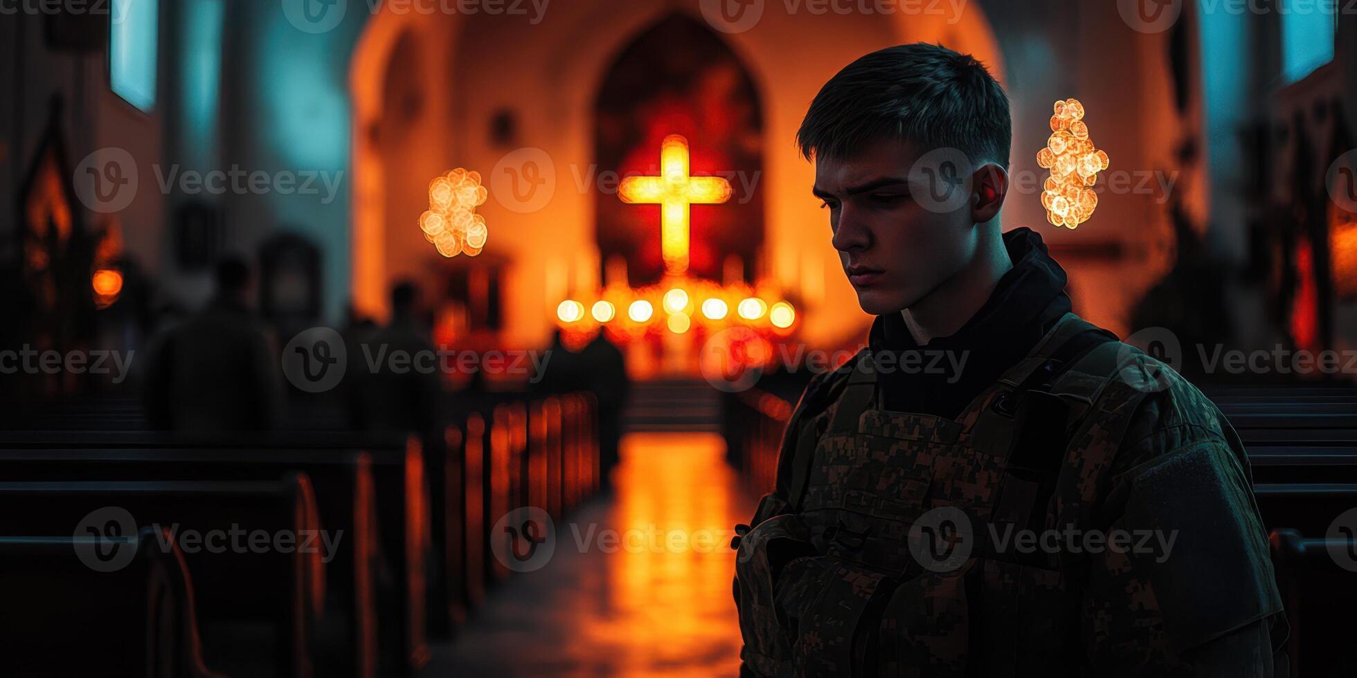 Soldier in solemn reflection inside a dimly lit church during evening service photo