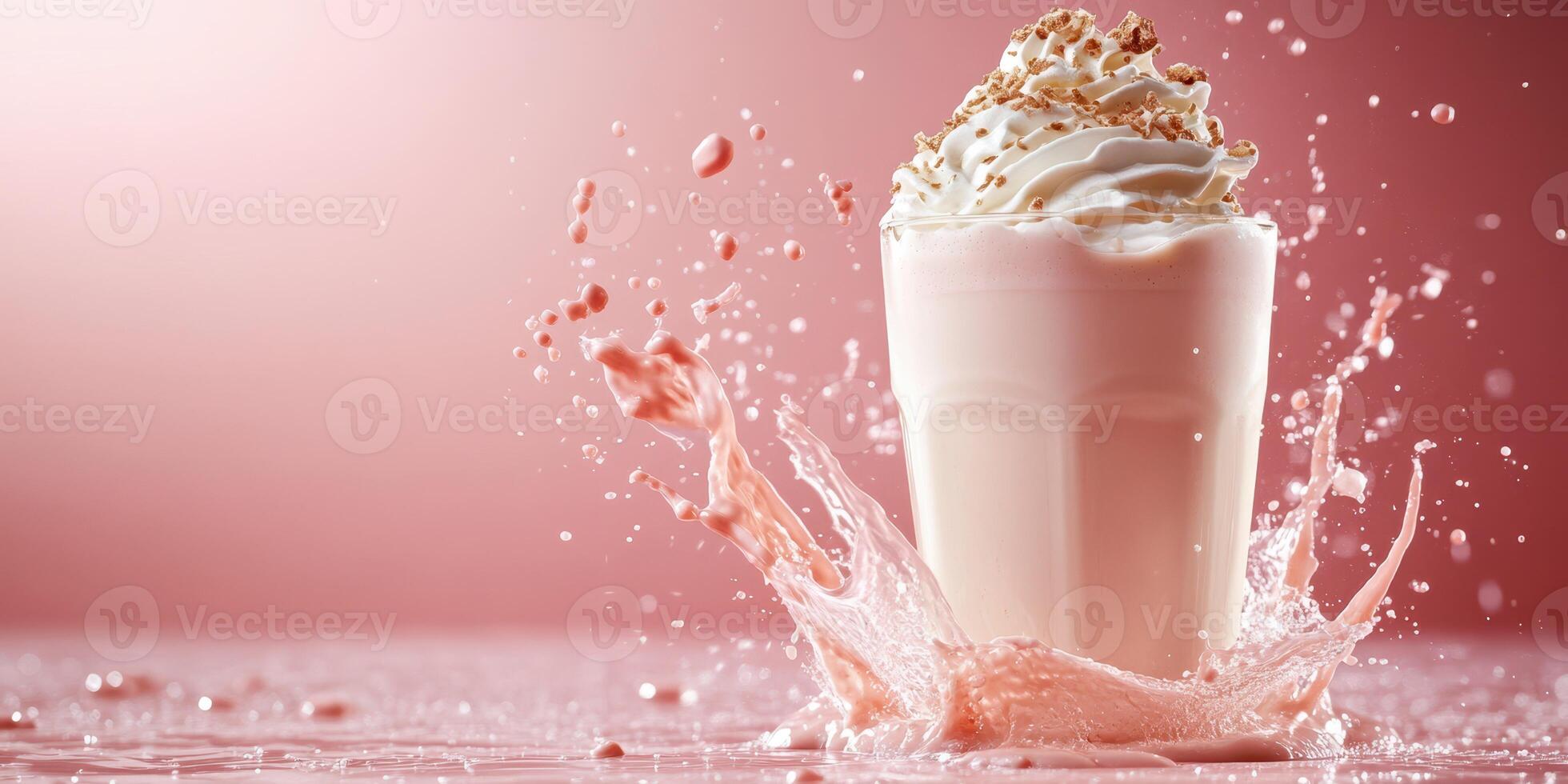 Delicious milkshake creating a splash with whipped cream and toppings in a vibrant setting photo