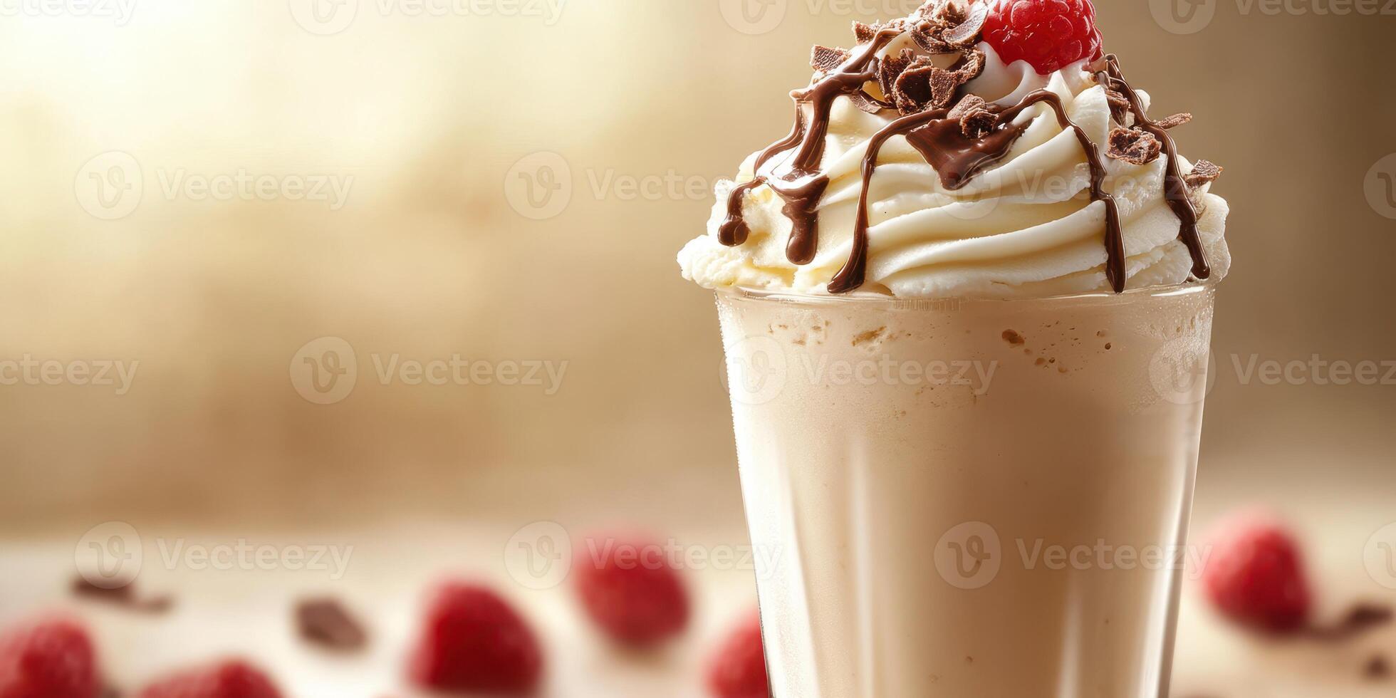 Delicious chocolate and raspberry milkshake topped with whipped cream and chocolate drizzle served in a clear glass photo
