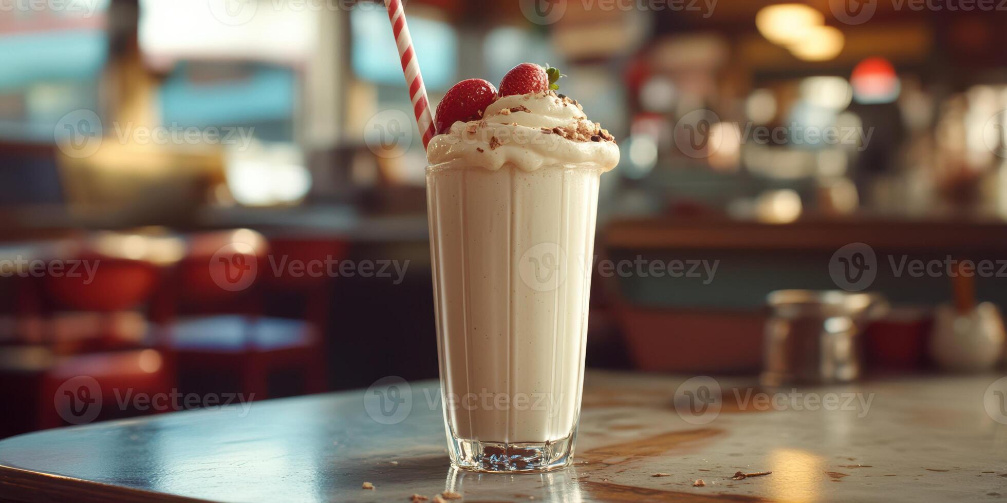 Classic milkshake topped with cherries and whipped cream served in a glass at a retro diner photo
