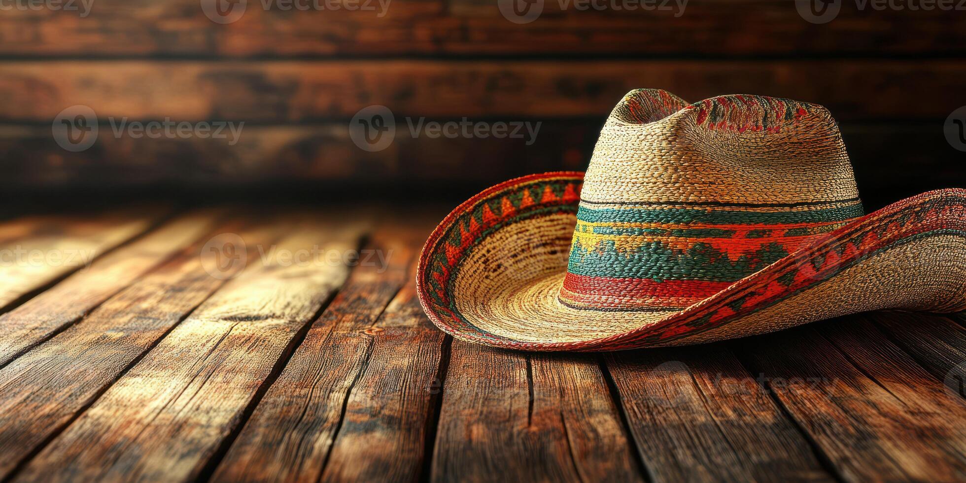 Striking straw hat resting on rustic wooden surface in warm, inviting light photo