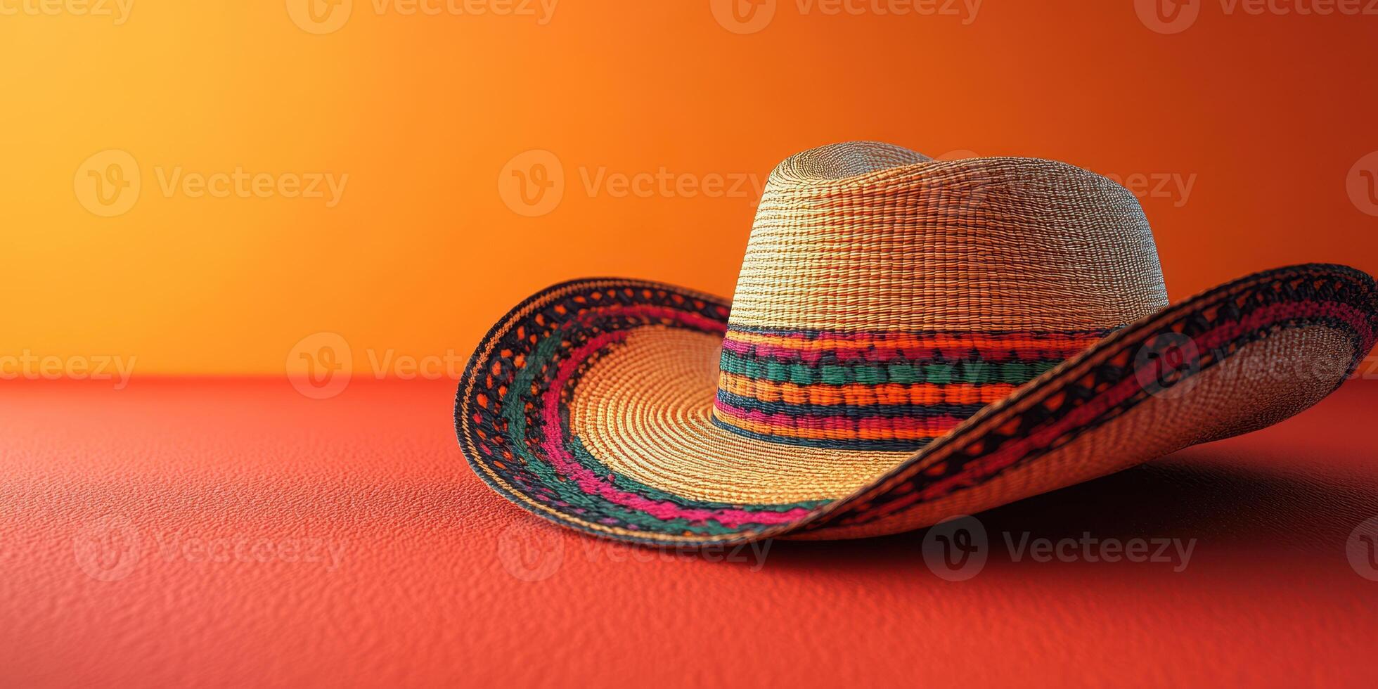 Colorful straw hat resting on a vibrant orange background highlighting traditional design and cultural significance photo