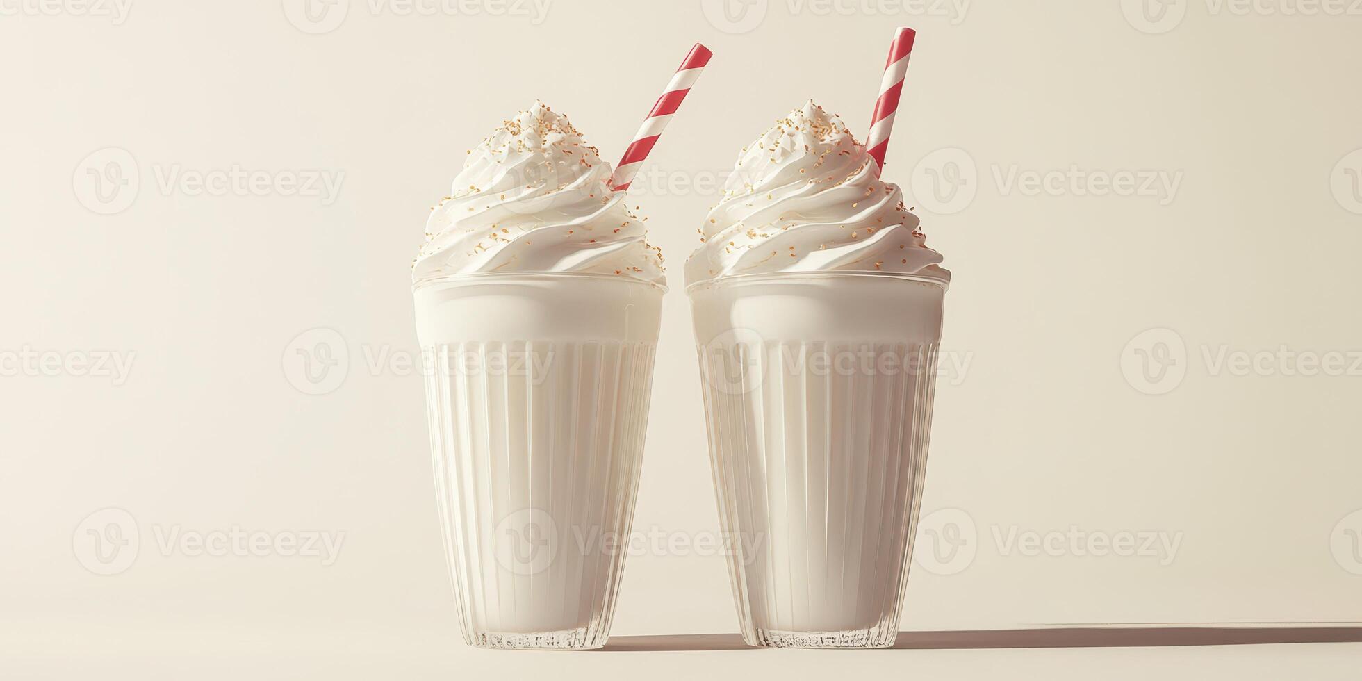 Creamy milkshakes with whipped cream and striped straws in a minimalist setting photo
