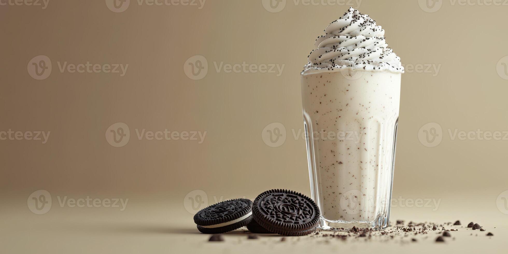Creamy milkshake with crushed cookies on a neutral background showcasing dessert indulgence photo