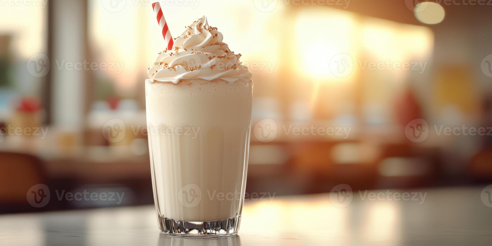 Delicious milkshake prepared with whipped cream and a cherry on top in a cozy cafe during sunset photo