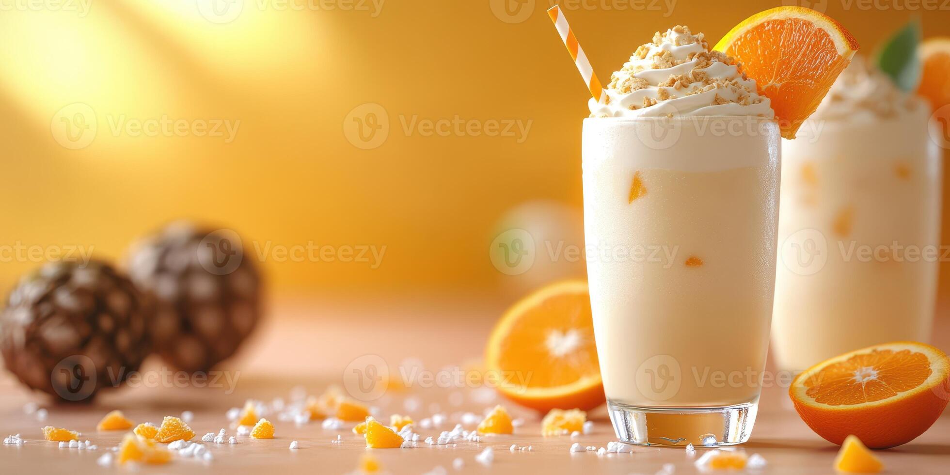 Refreshing orange cream smoothie with whipped topping and citrus garnish enjoyed in a cheerful setting photo