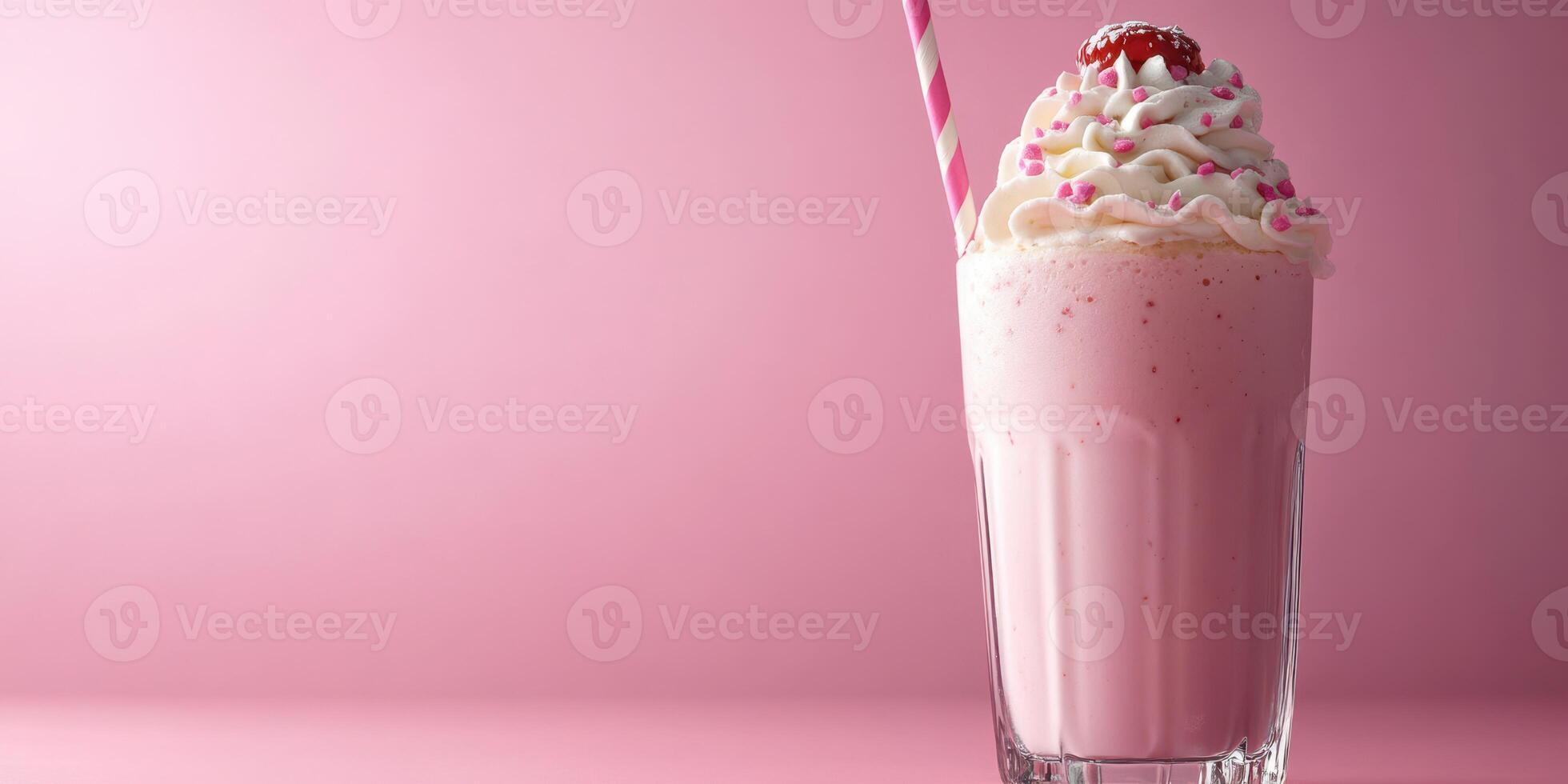 Creamy strawberry milkshake topped with whipped cream and cherry on pink background photo