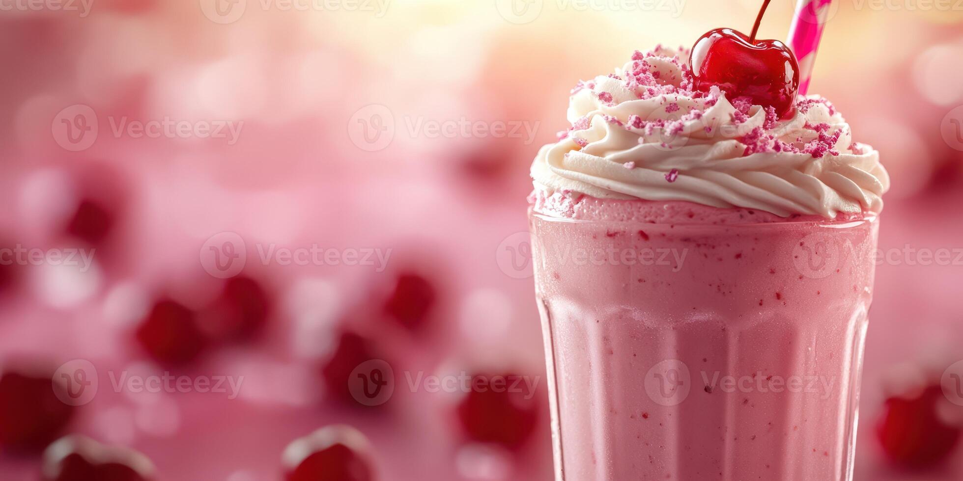 Sweet cherry milkshake topped with whipped cream and cherry in a bright, colorful setting photo
