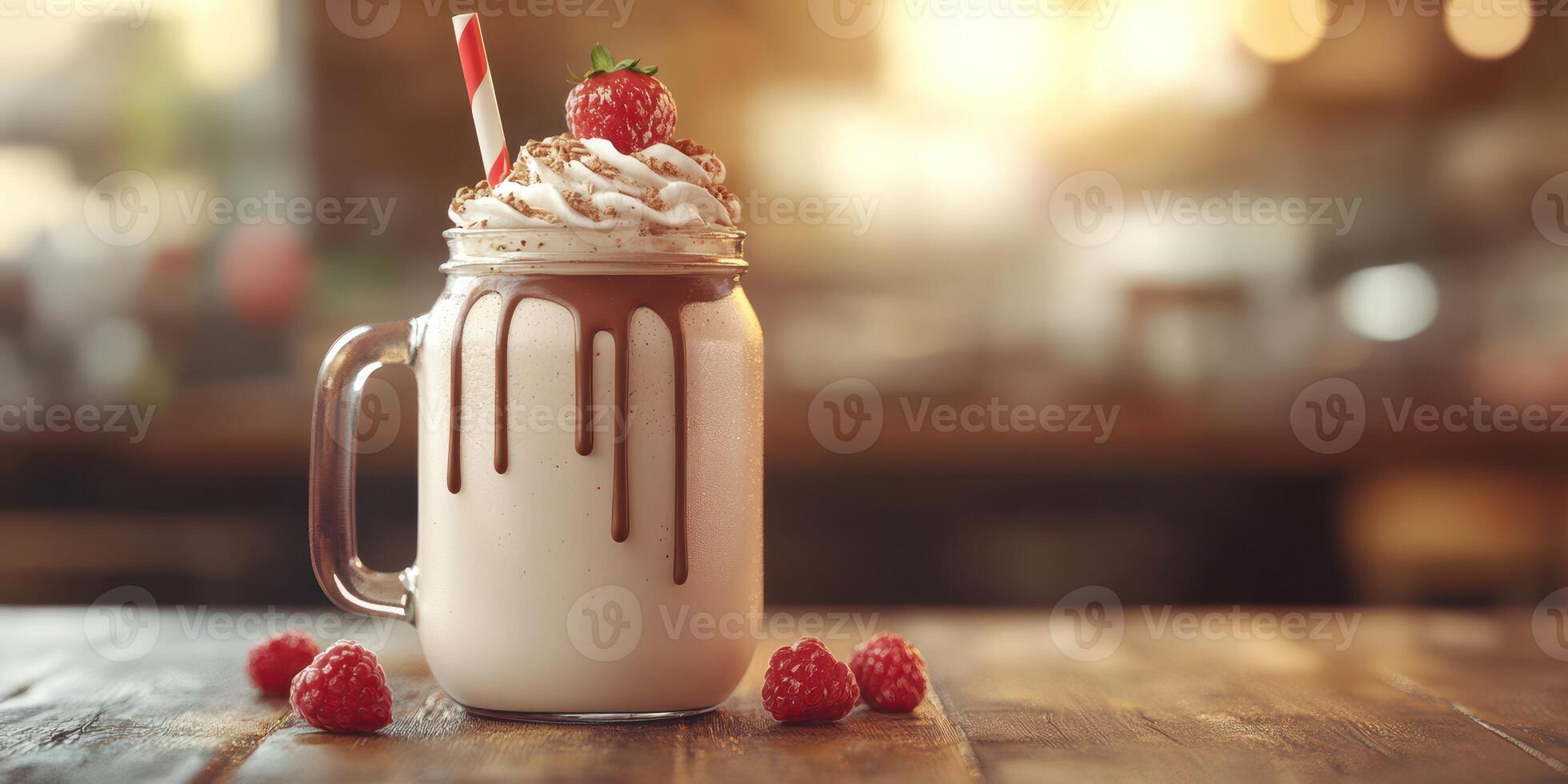 Creamy milkshake topped with whipped cream, chocolate drizzle, and fresh strawberries on a wooden table in a cozy cafe photo