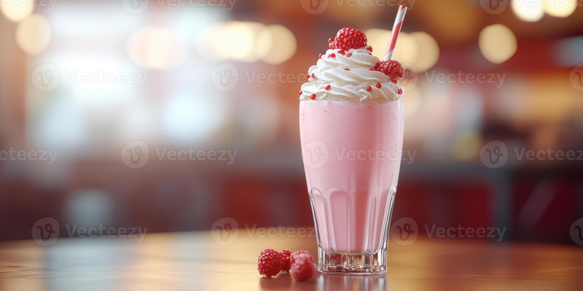 Refreshing raspberry milkshake served in a tall glass with whipped cream and a colorful straw photo