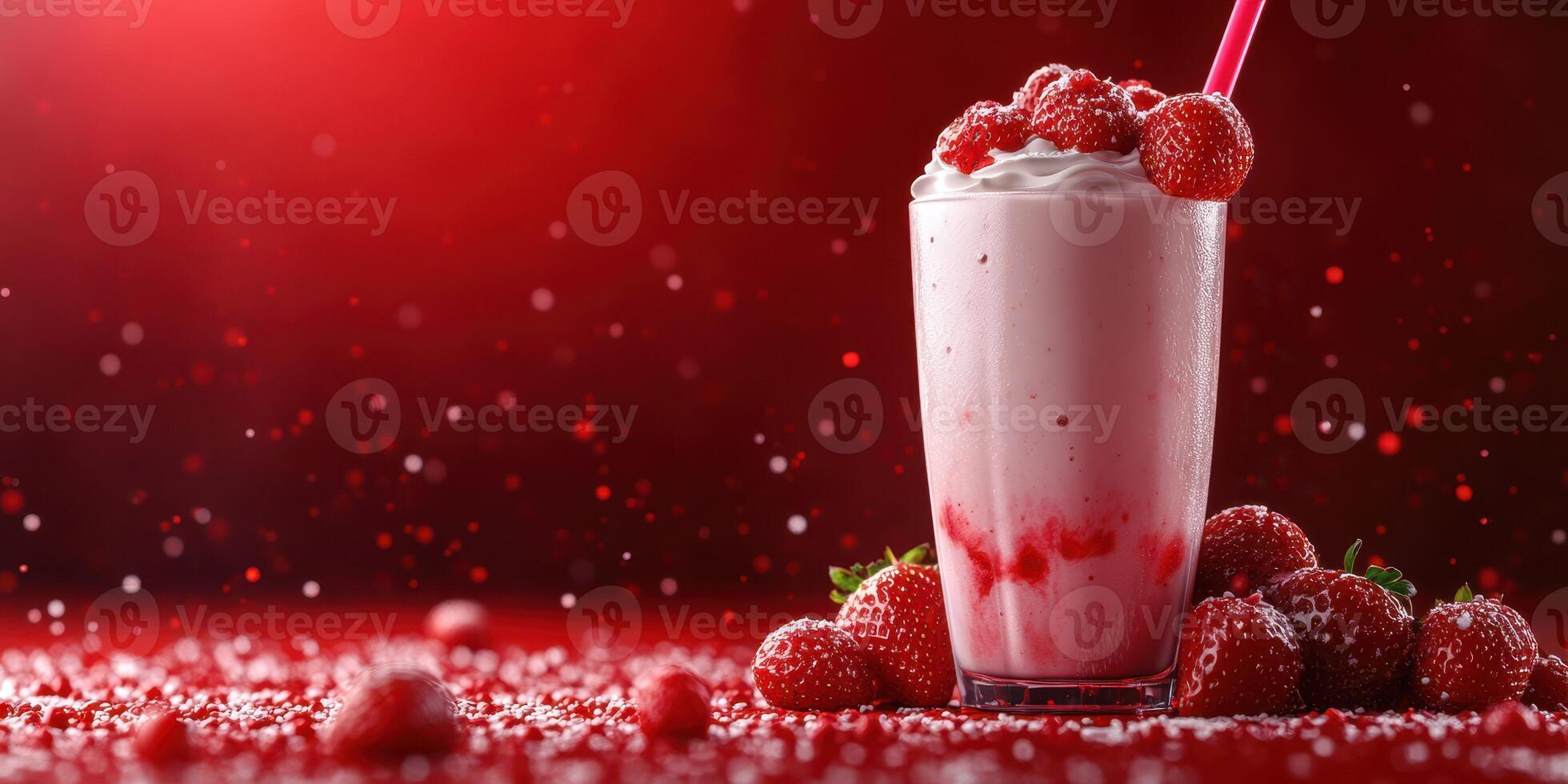 Delicious strawberry milkshake with whipped cream and fresh strawberries on a vibrant red background photo