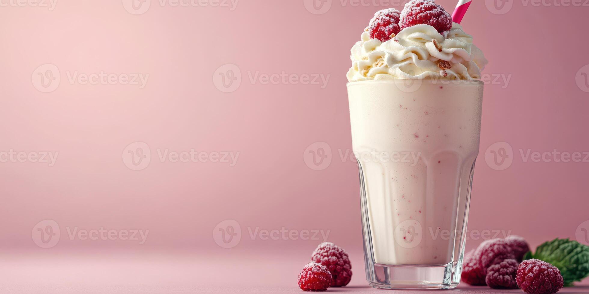 Delicious raspberry milkshake topped with whipped cream and fresh raspberries against a pink background photo