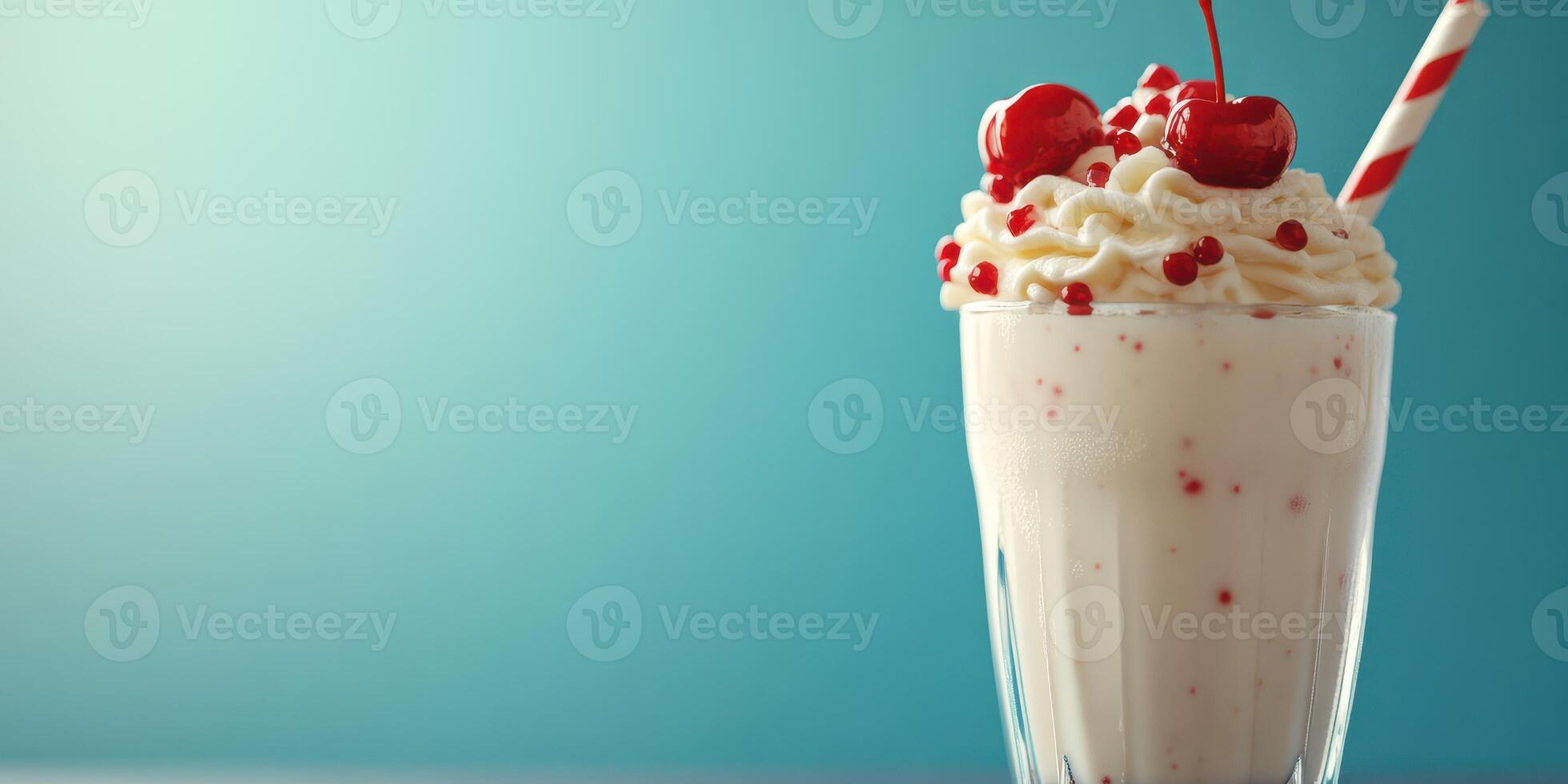 Delicious milkshake topped with cherries and whipped cream on a bright blue background photo