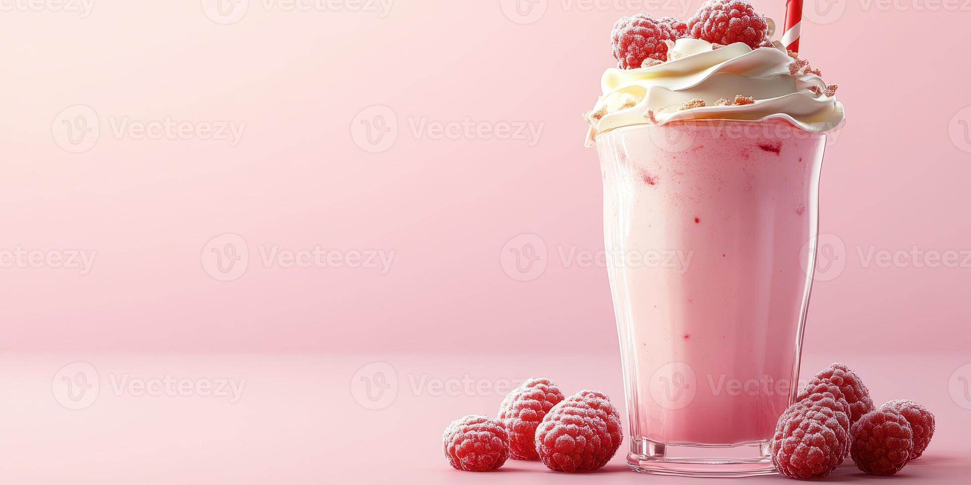 Refreshing raspberry milkshake topped with whipped cream against a pastel pink background in a cozy setting photo