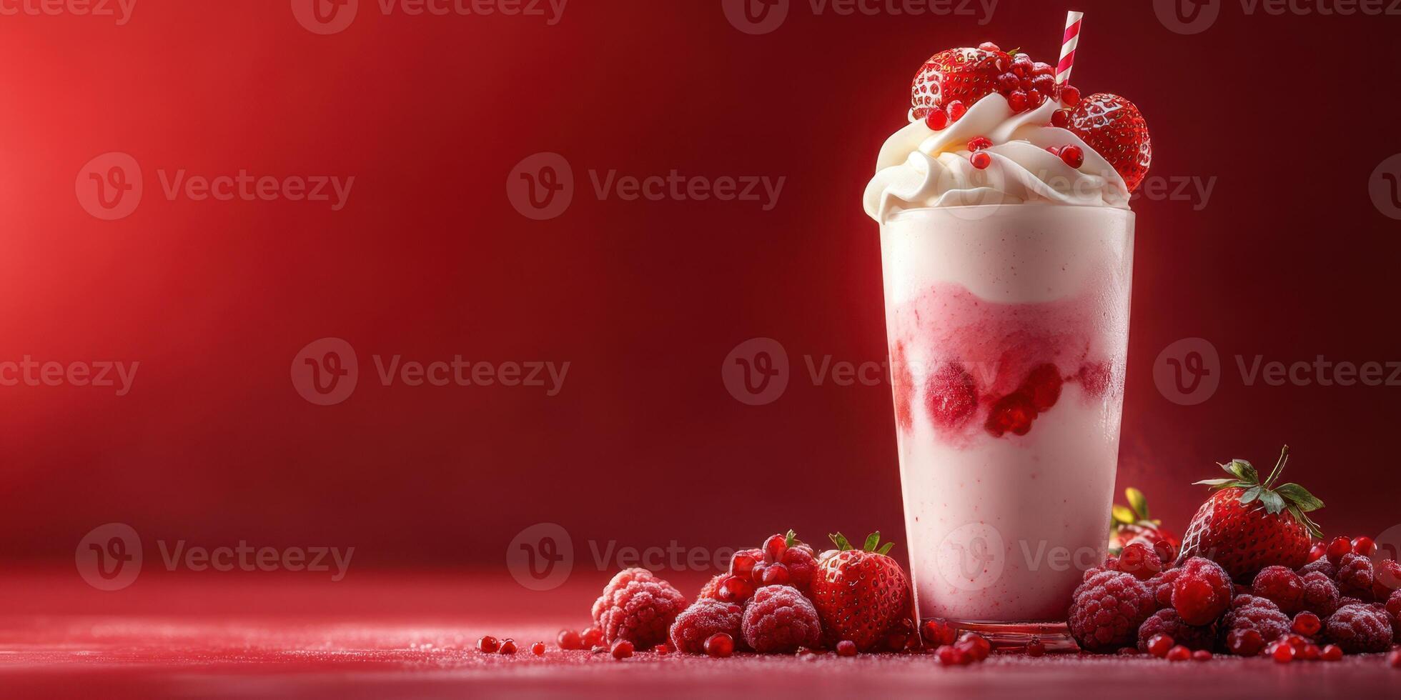 Delicious strawberry and raspberry shake topped with whipped cream and fresh berries on a vibrant red background photo