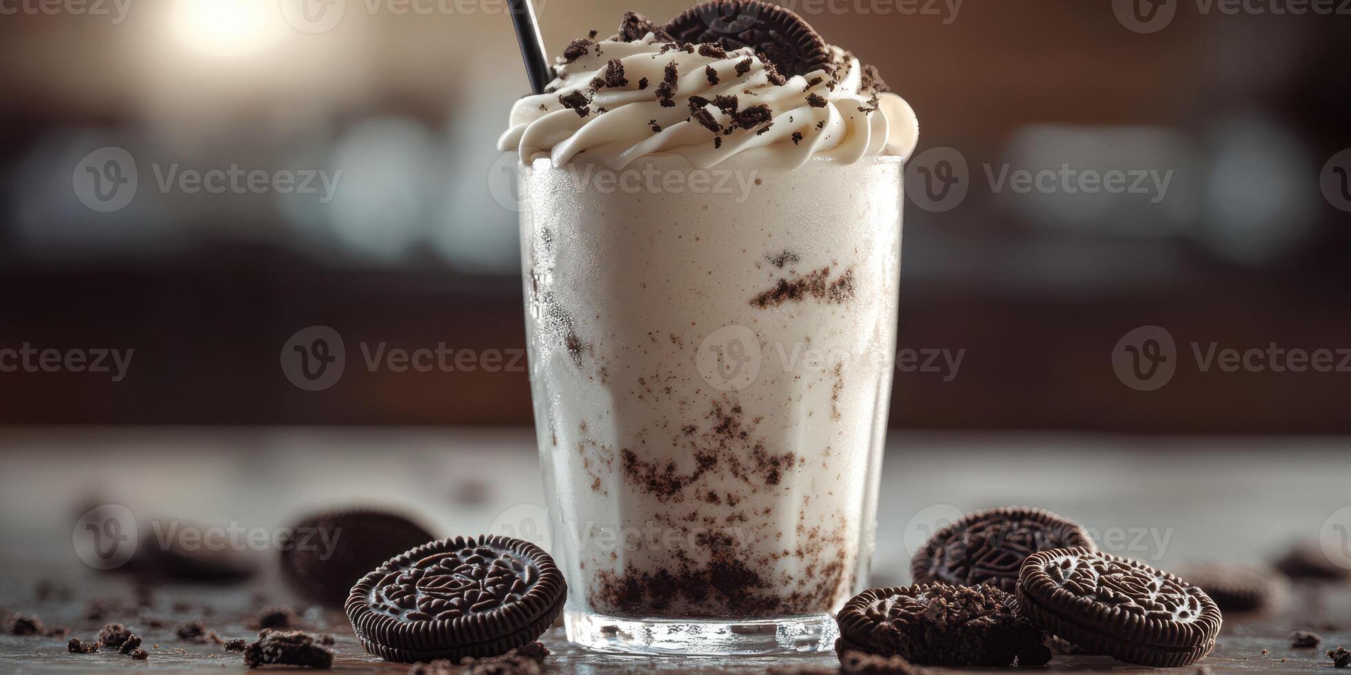 Creamy dessert beverage topped with whipped cream and cookie crumbles served in a glass on a wooden table photo