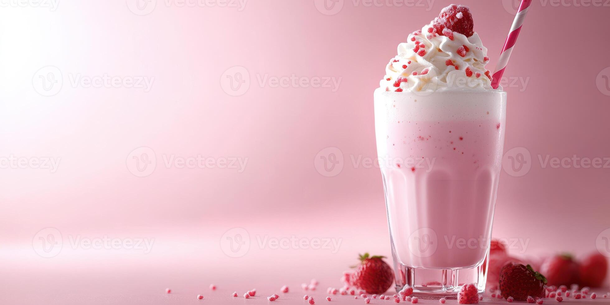 Delicious raspberry shake topped with whipped cream and strawberry garnish on a pink background photo