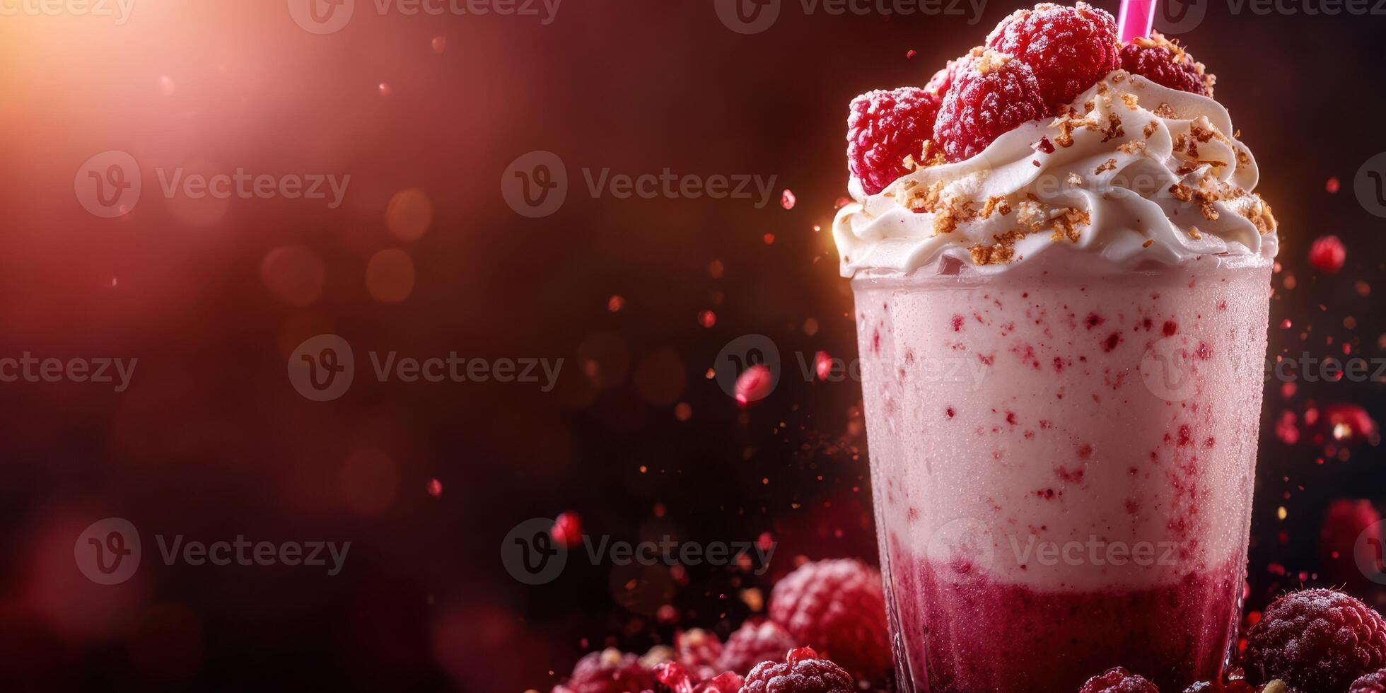 Delicious raspberry milkshake served in a glass with whipped cream and fresh berries, perfect for a summer treat photo