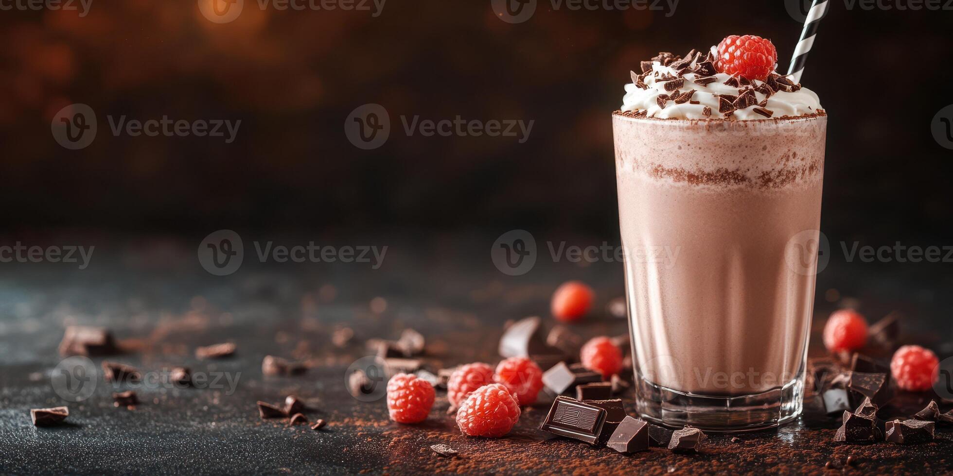 Delicious chocolate raspberry shake with whipped cream and chocolate shavings on a dark background photo